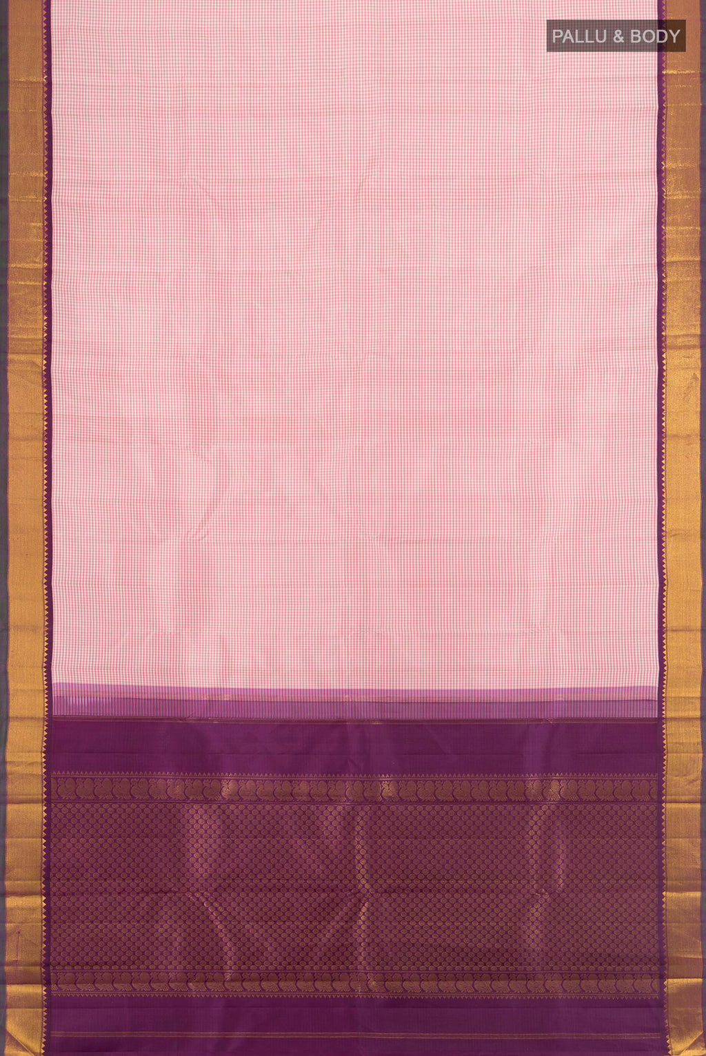 Flat view of Rose pink Kanjivaram Silk Saree with Checked design on the body and Zari Border. 