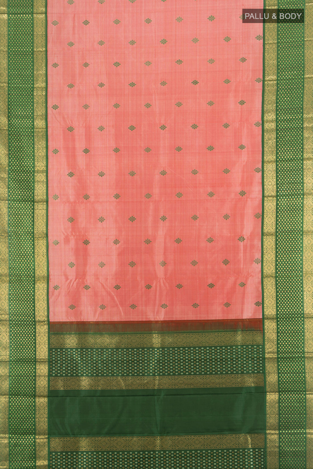 Flat view of Pink Kanchipuram Silk Saree with Thread Butta on the body and Zari Border. 