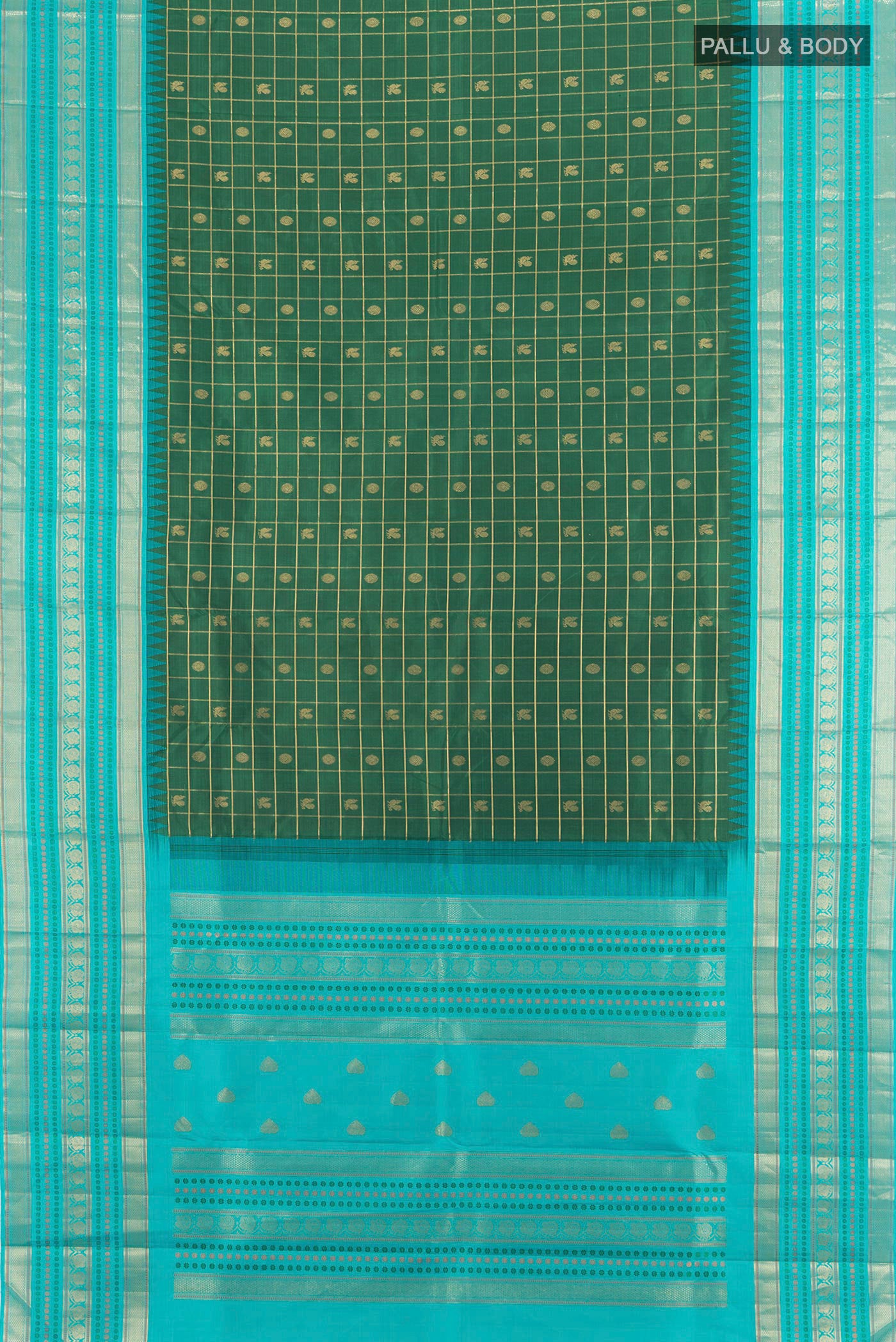 Flat view of Bottle Green Kanchipuram Silk Saree with Checked design on the body and Zari Border. 