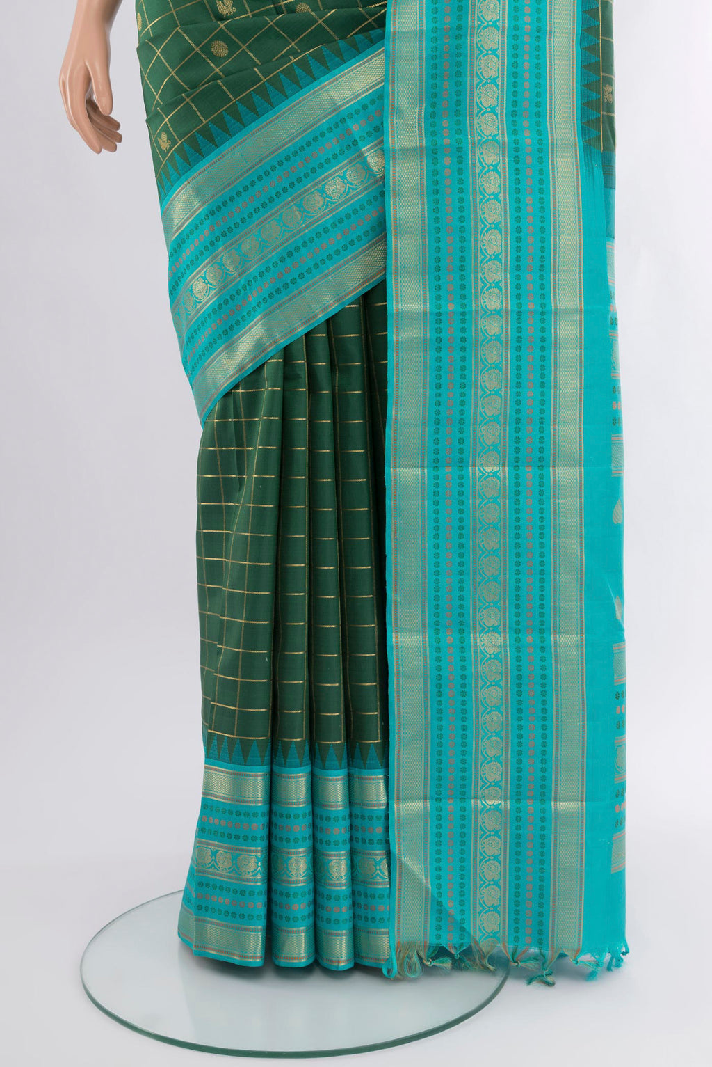Pleats and pallu of Bottle Green Kanchipuram Silk Saree with Checked design on the body and Zari Border. 
