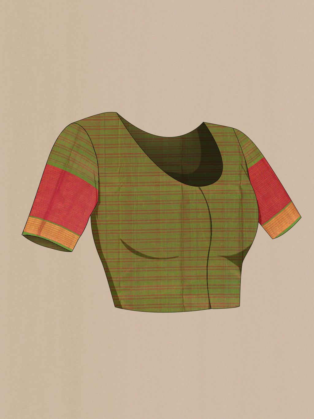 Close up image of the blouse of Pure Silk Brick Orange Kanjivaram Saree with Stripes on the body and Zari Border. 