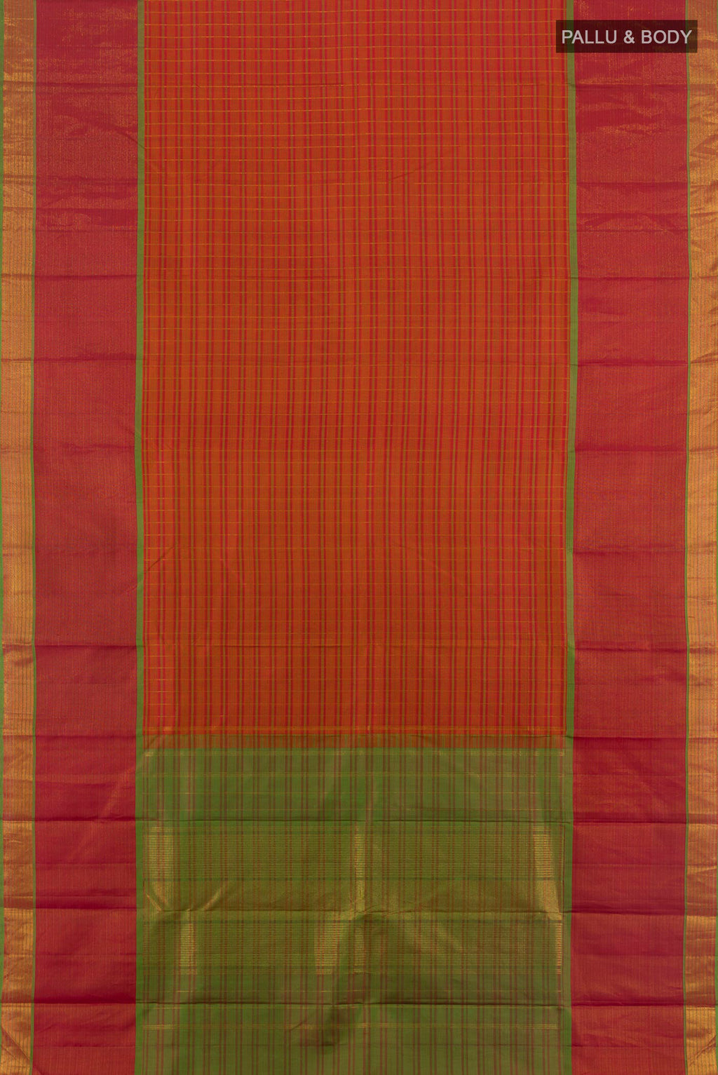 Flat view of Pure Silk Brick Orange Kanjivaram Saree with Stripes on the body and Zari Border. 