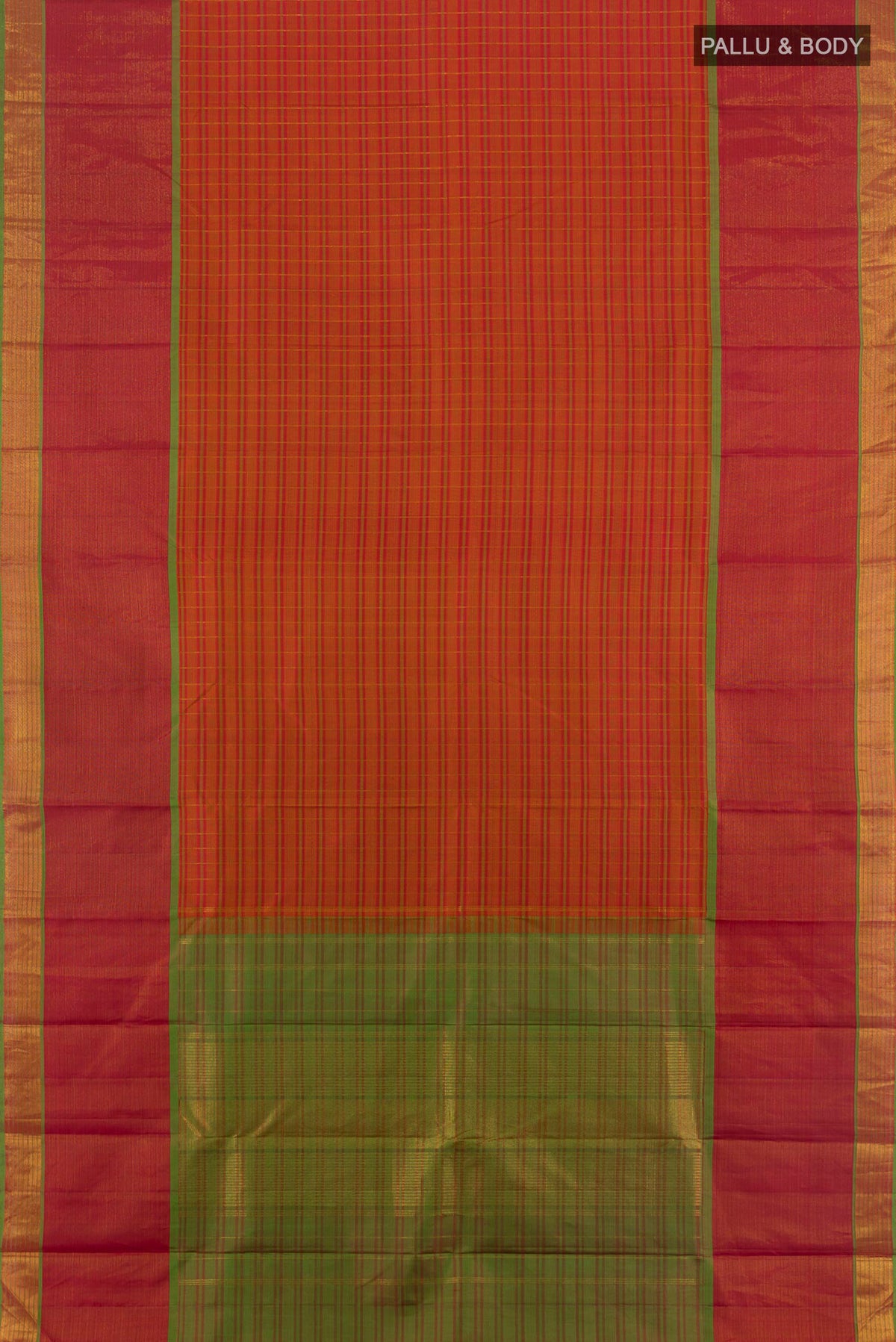 Flat view of Pure Silk Brick Orange Kanjivaram Saree with Stripes on the body and Zari Border. 