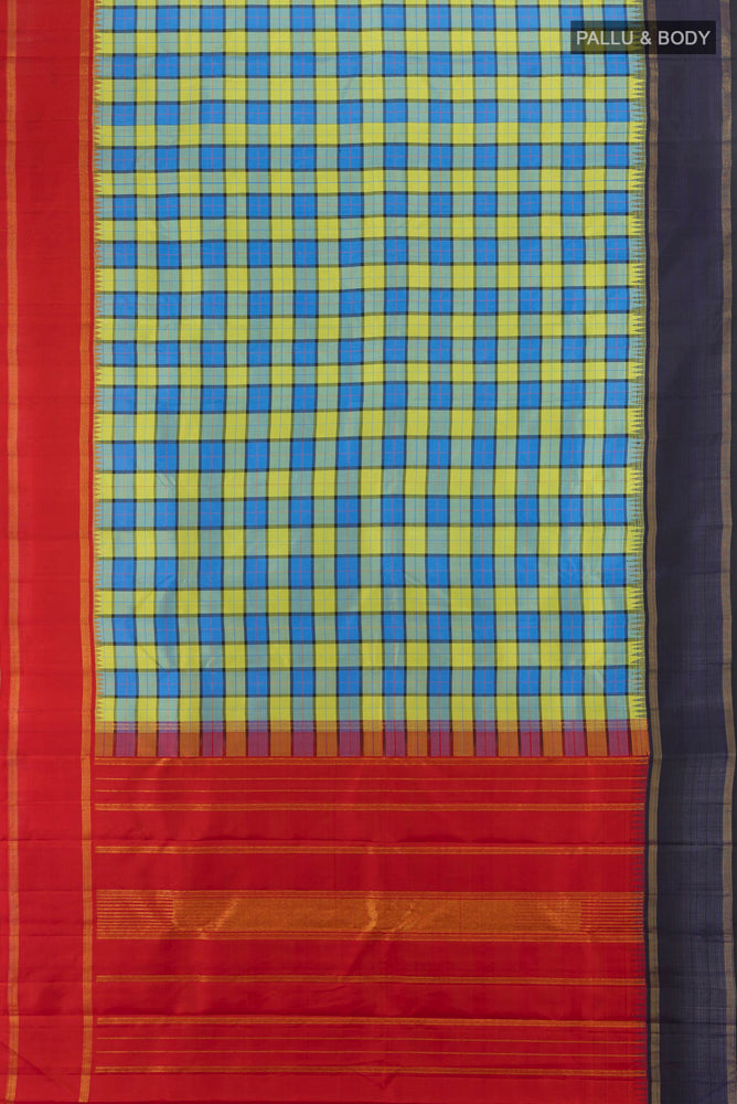 Flat view of Multi Color Kanjivaram Silk Saree with Zari Butta on the body and Silk Border. 