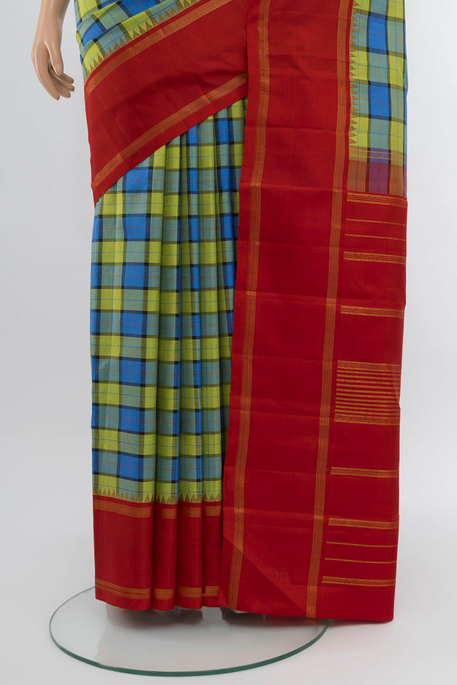 Pleats and pallu of Multi Color Kanjivaram Silk Saree with Zari Butta on the body and Silk Border. 