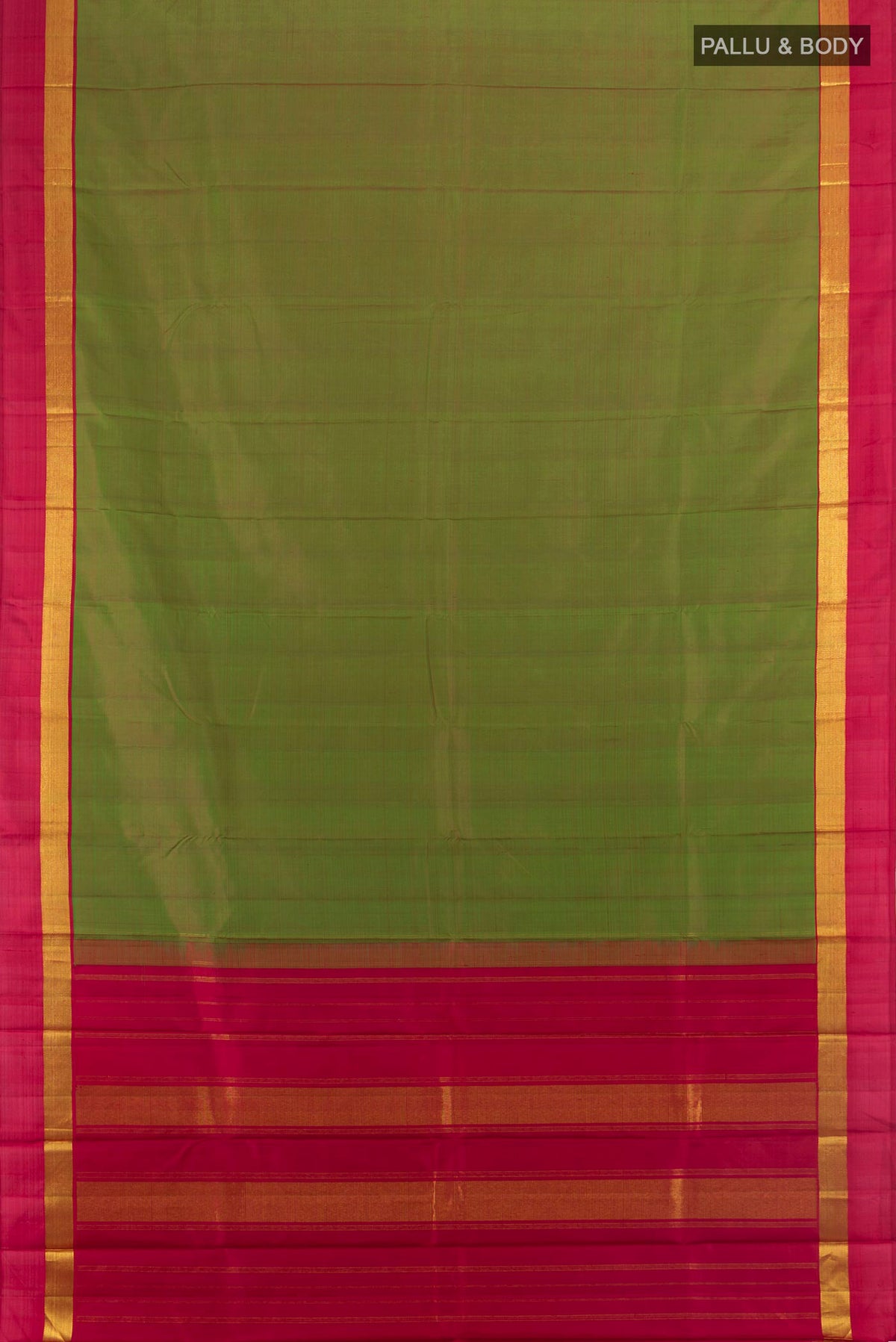 Flat view of Pure Silk Mehandi Green Kanjivaram Saree with Plain Body and Silk Border. 