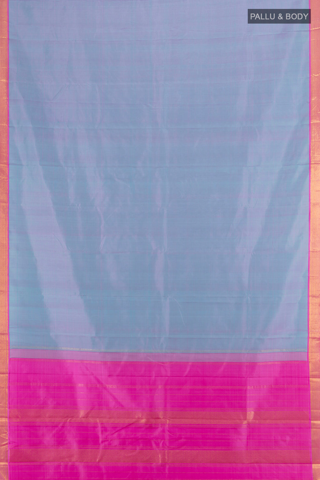 Flat view of Lavender Kanjivaram Silk Saree with Plain Body and Zari Border. 