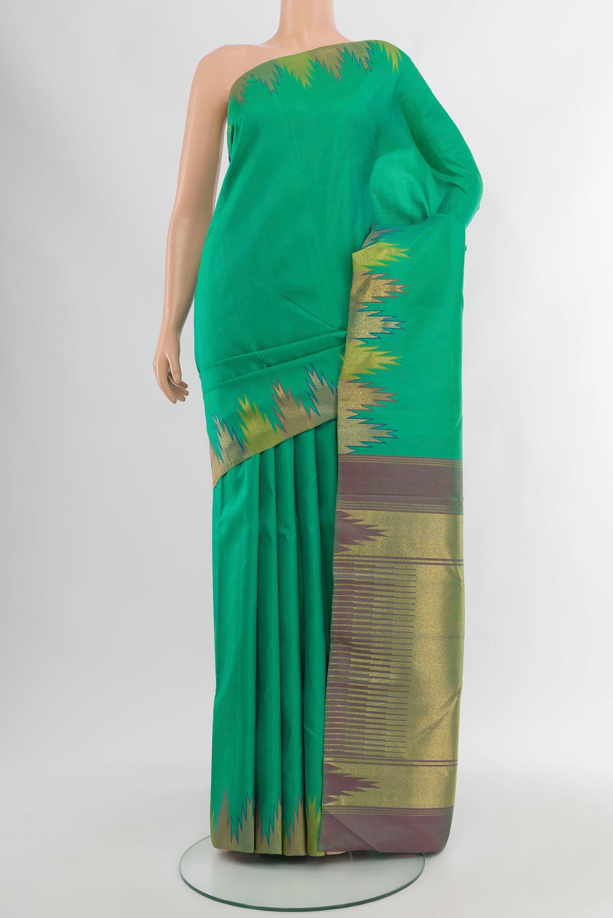 Sea Green Kanchipuram Silk Saree with Plain Body and Temple Border.  displayed on a mannequin