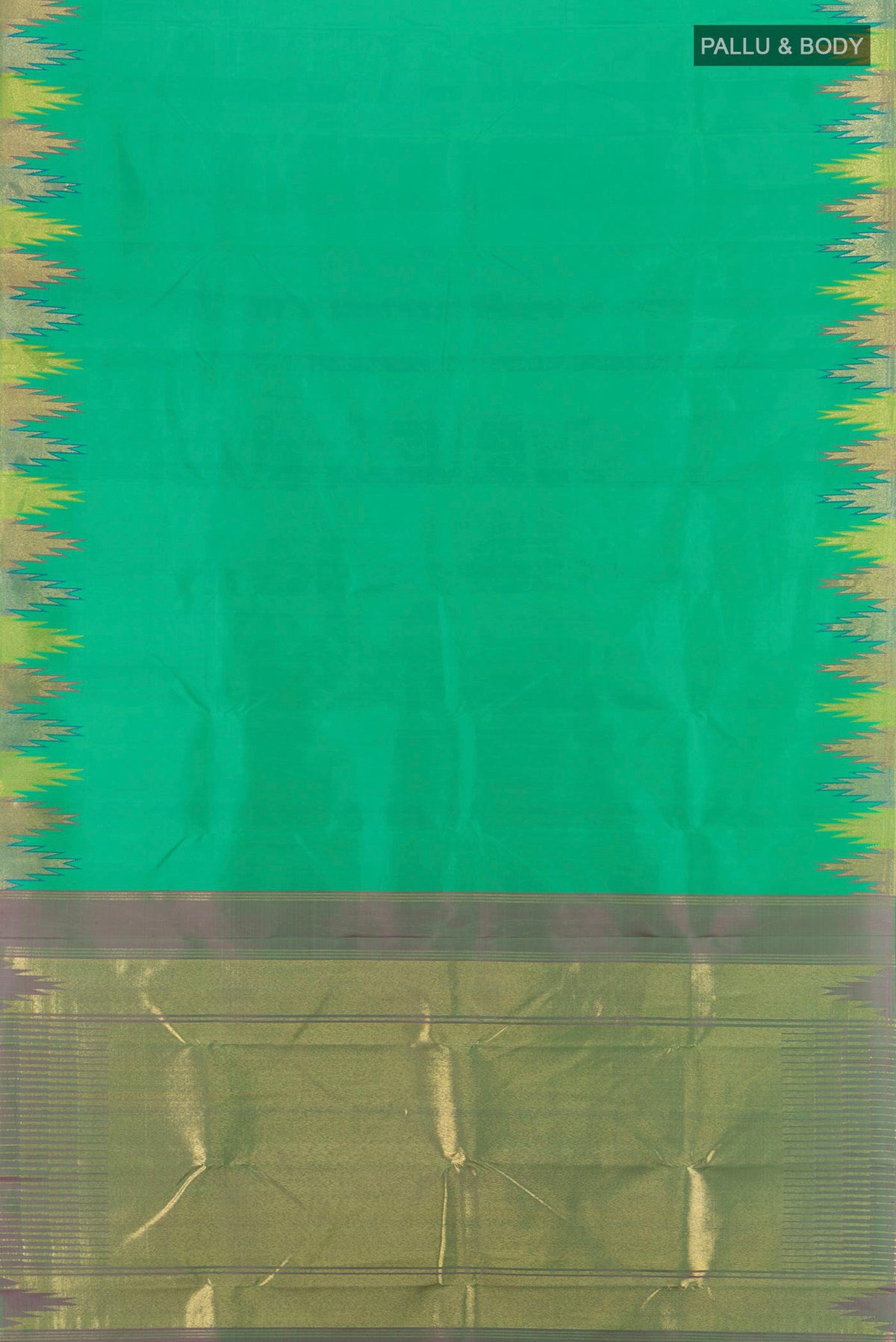 Flat view of Sea Green Kanchipuram Silk Saree with Plain Body and Temple Border. 