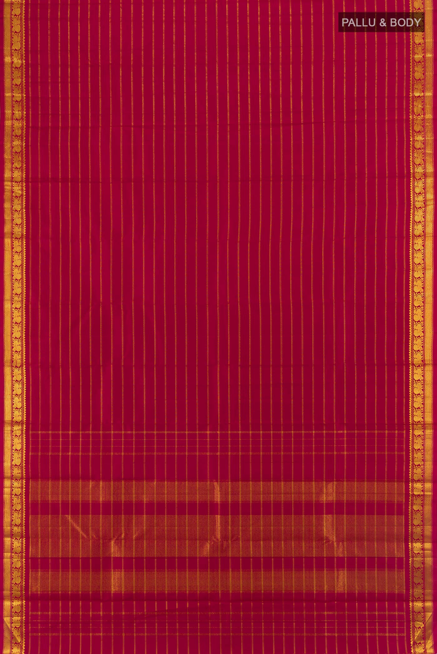 Flat view of Maroon Kanchipuram Silk Saree with Stripes on the body and Zari Border. 