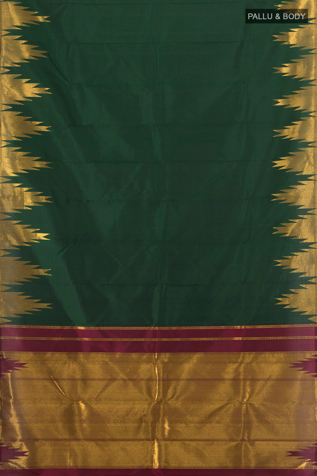 Flat view of Bottle Green Kanjivaram Silk Saree with Plain Body and Temple Border. 
