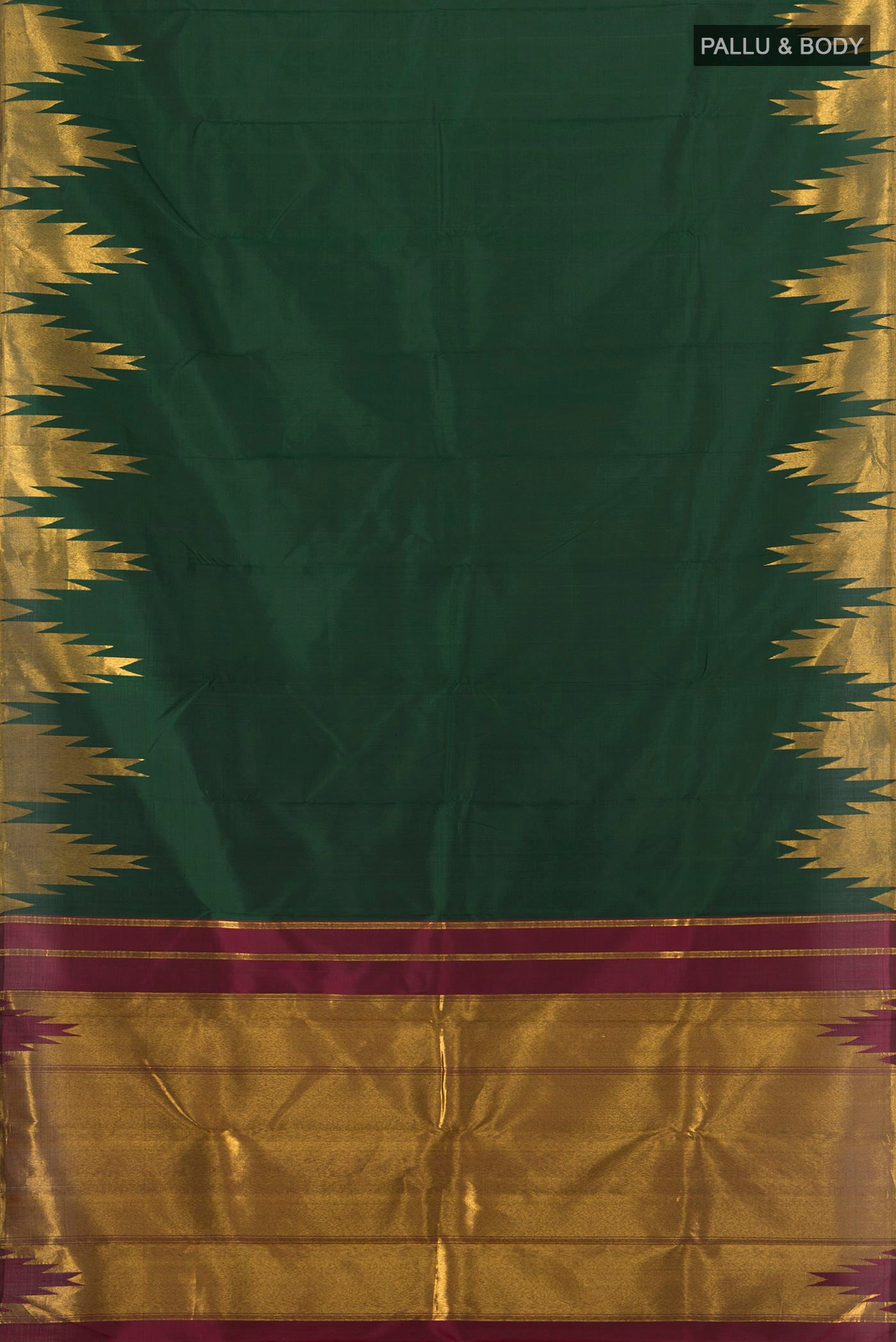Flat view of Bottle Green Kanjivaram Silk Saree with Plain Body and Temple Border. 