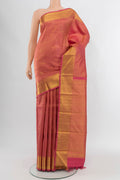 Pink Kanchipuram Silk Saree with Zari Brocade on the body and Zari Border.  displayed on a mannequin