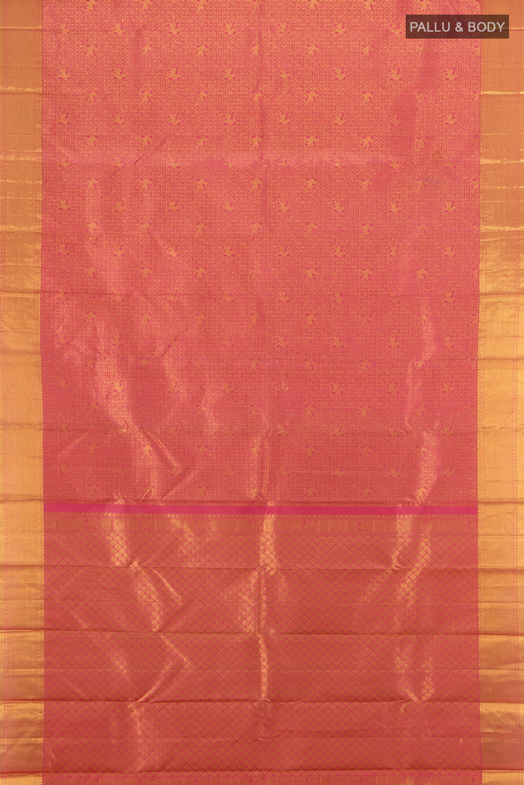 Flat view of Pink Kanchipuram Silk Saree with Zari Brocade on the body and Zari Border. 