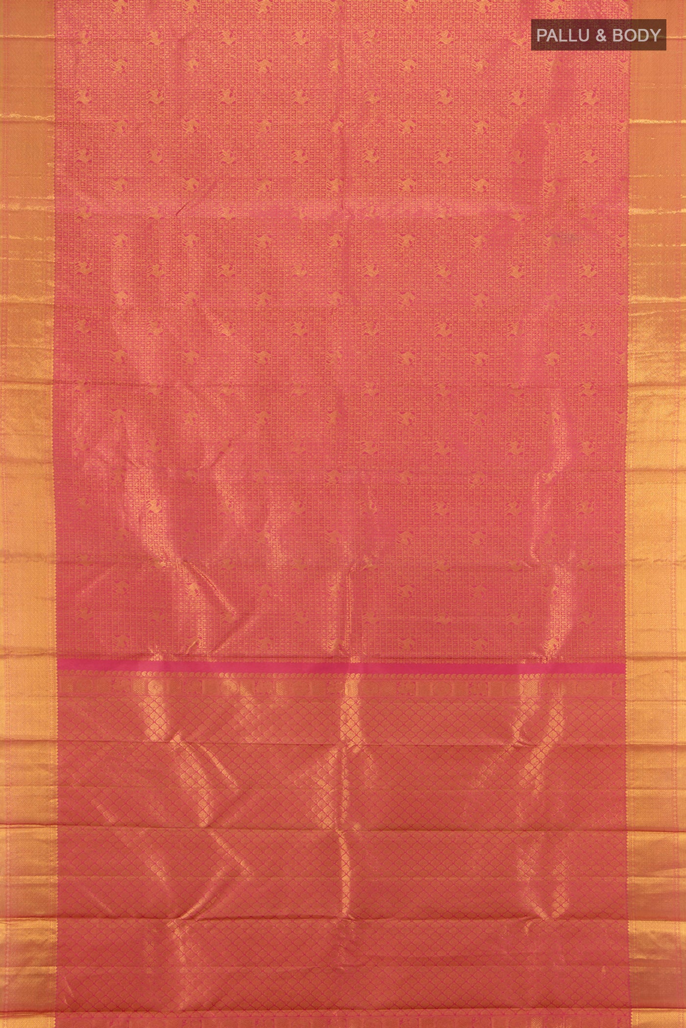 Flat view of Pink Kanchipuram Silk Saree with Zari Brocade on the body and Zari Border. 