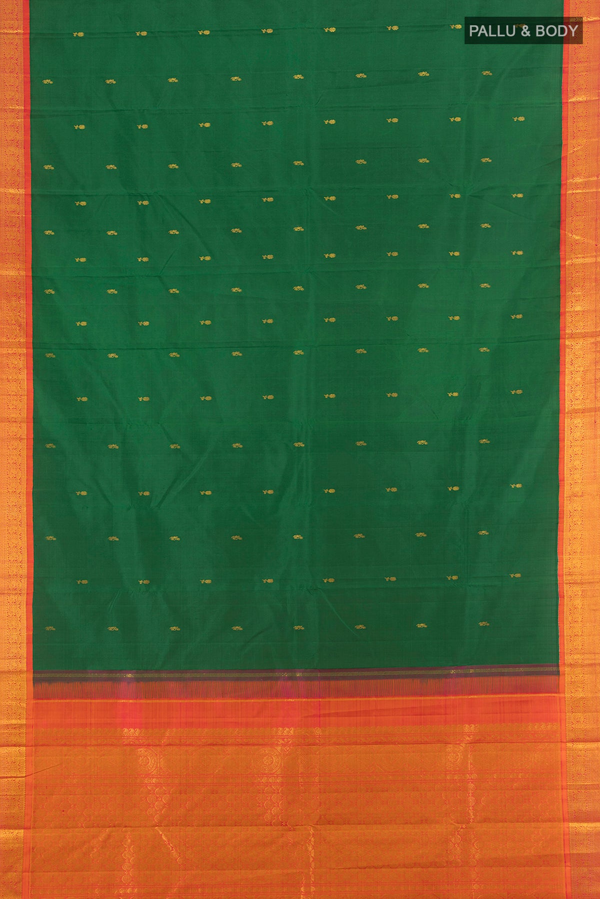 Flat view of Green Kanjivaram Silk Saree with Zari Butta on the body and Zari Border. 