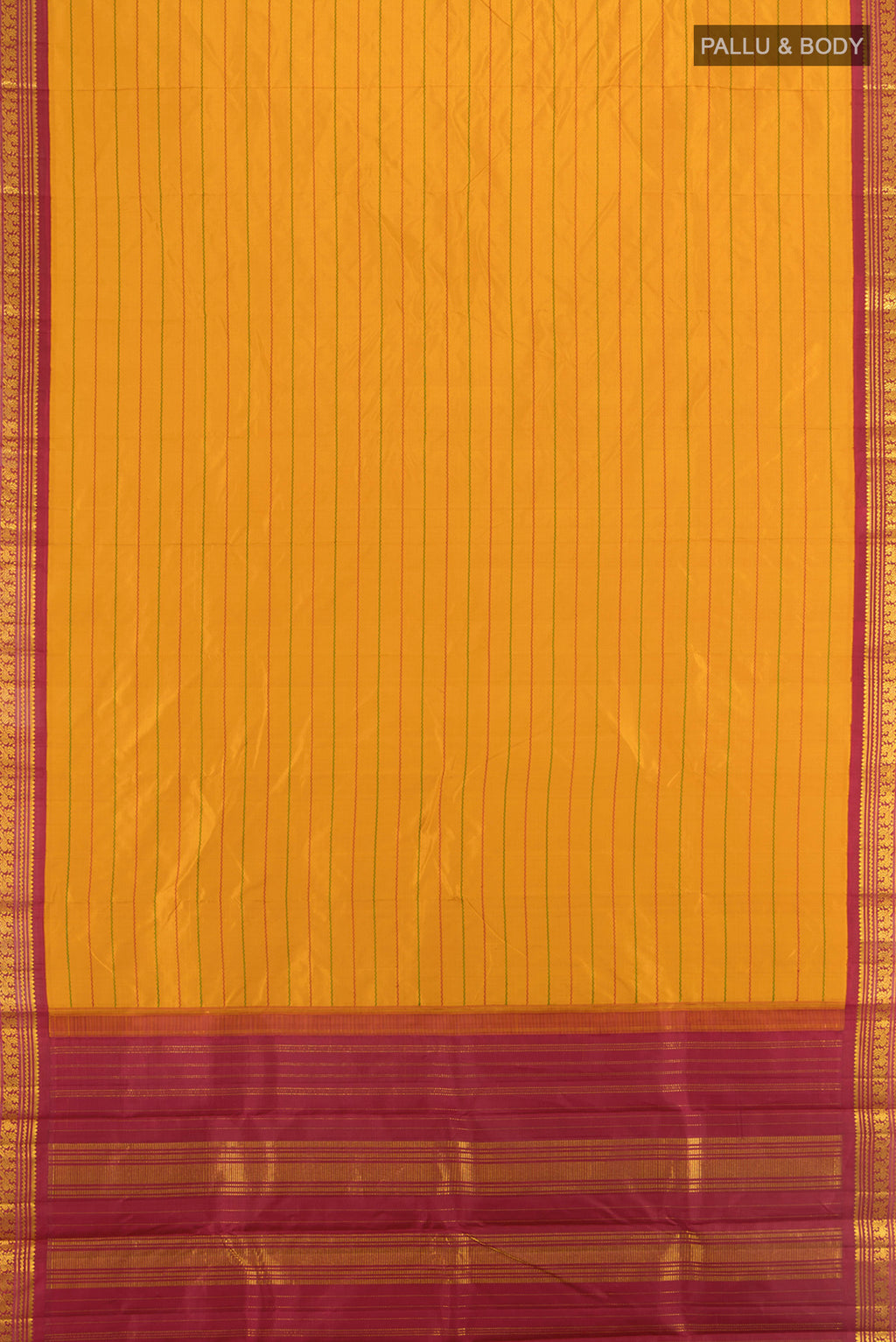 Flat view of Mustard Kanjivaram Silk Saree with Veldhari on the body and Zari Border. 