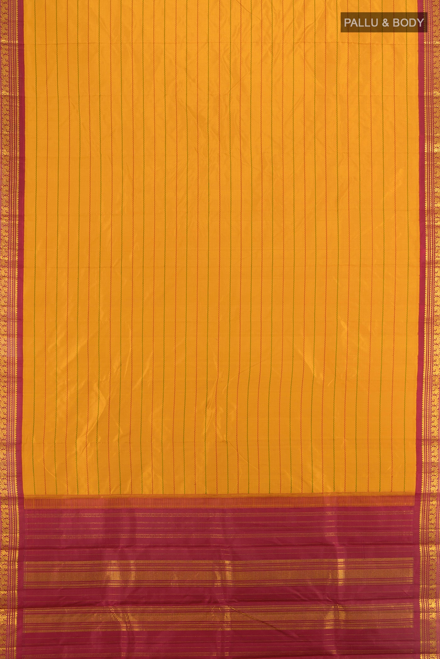 Flat view of Mustard Kanjivaram Silk Saree with Veldhari on the body and Zari Border. 