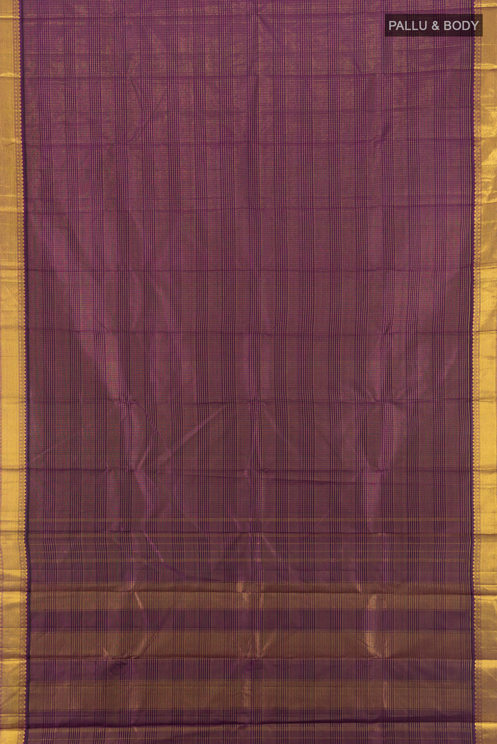 Flat view of Purple Kanjivaram Silk Saree with Stripes on the body and Zari Border. 