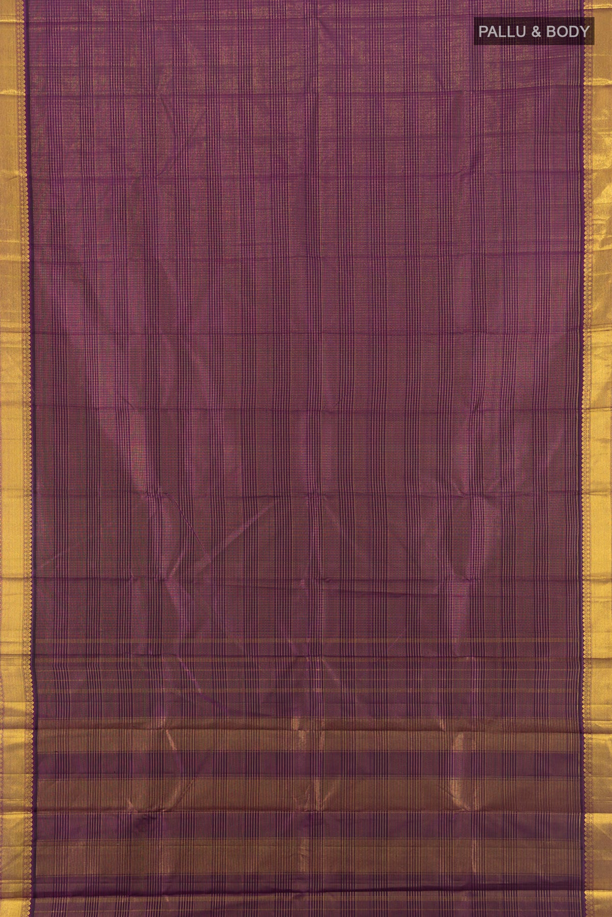 Flat view of Purple Kanjivaram Silk Saree with Stripes on the body and Zari Border. 