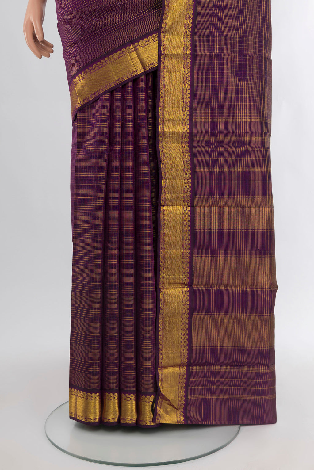 Pleats and pallu of Purple Kanjivaram Silk Saree with Stripes on the body and Zari Border. 