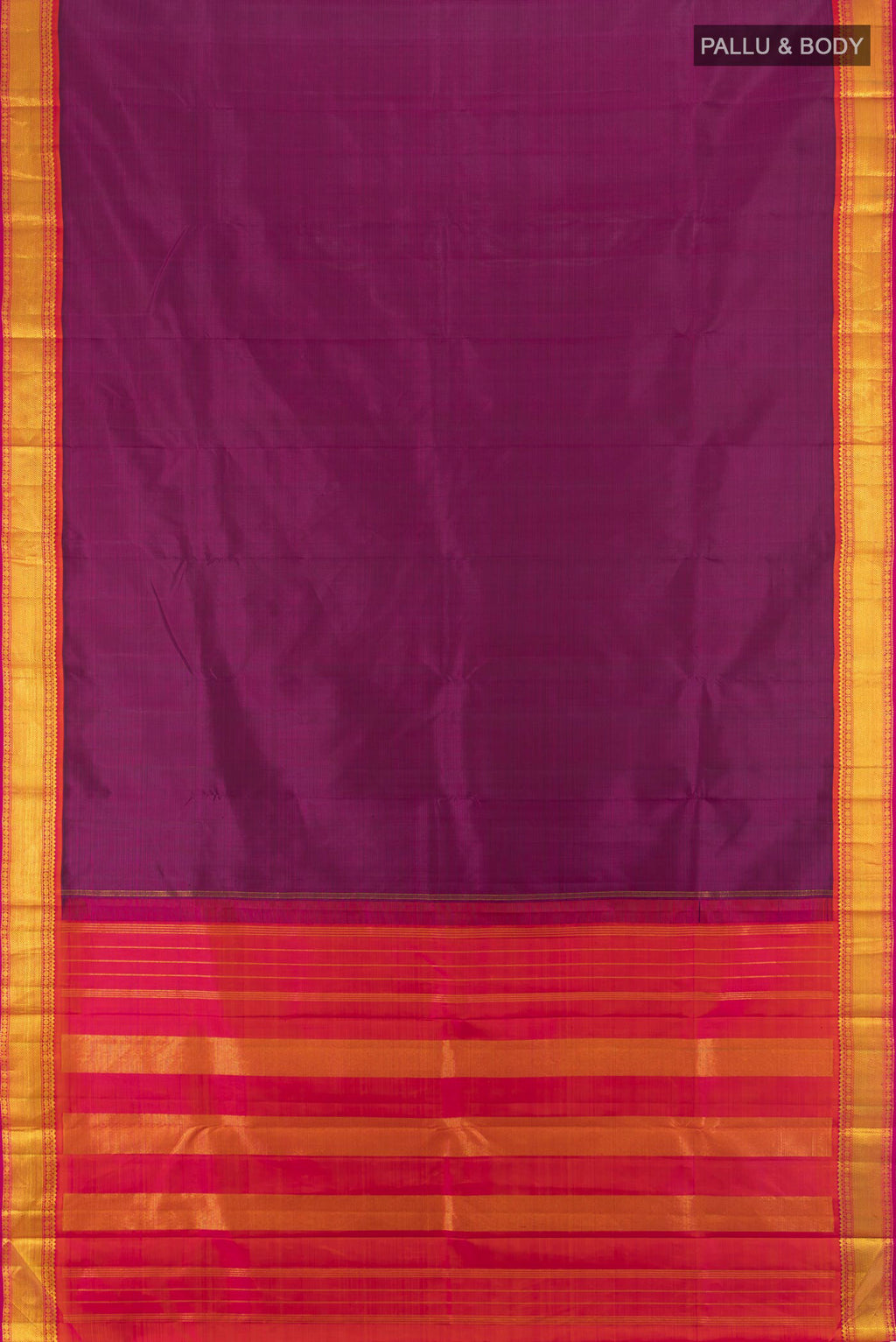 Flat view of Purple Kanchipuram Silk Saree with Plain Body and Zari Border. 