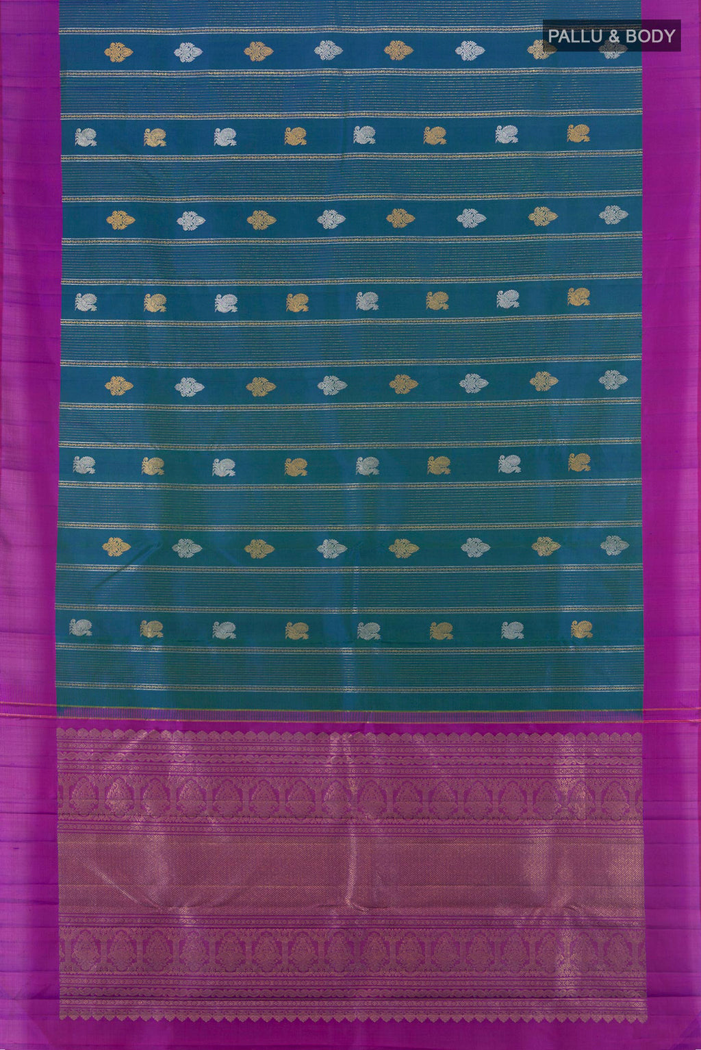 Flat view of Peacock Blue Kanjivaram Silk Saree with Zari Butta on the body and Plain Border. 