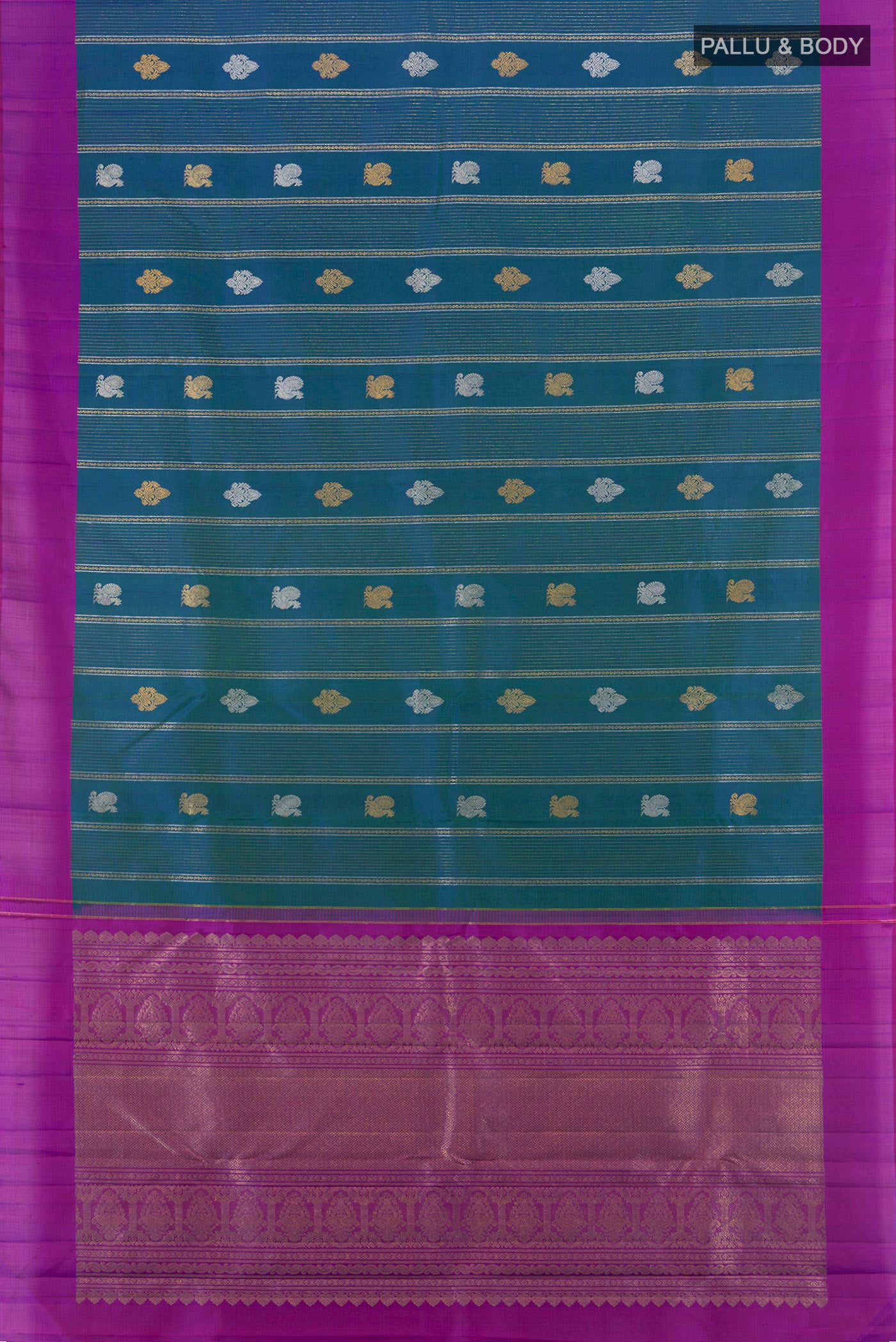 Flat view of Peacock Blue Kanjivaram Silk Saree with Zari Butta on the body and Plain Border. 