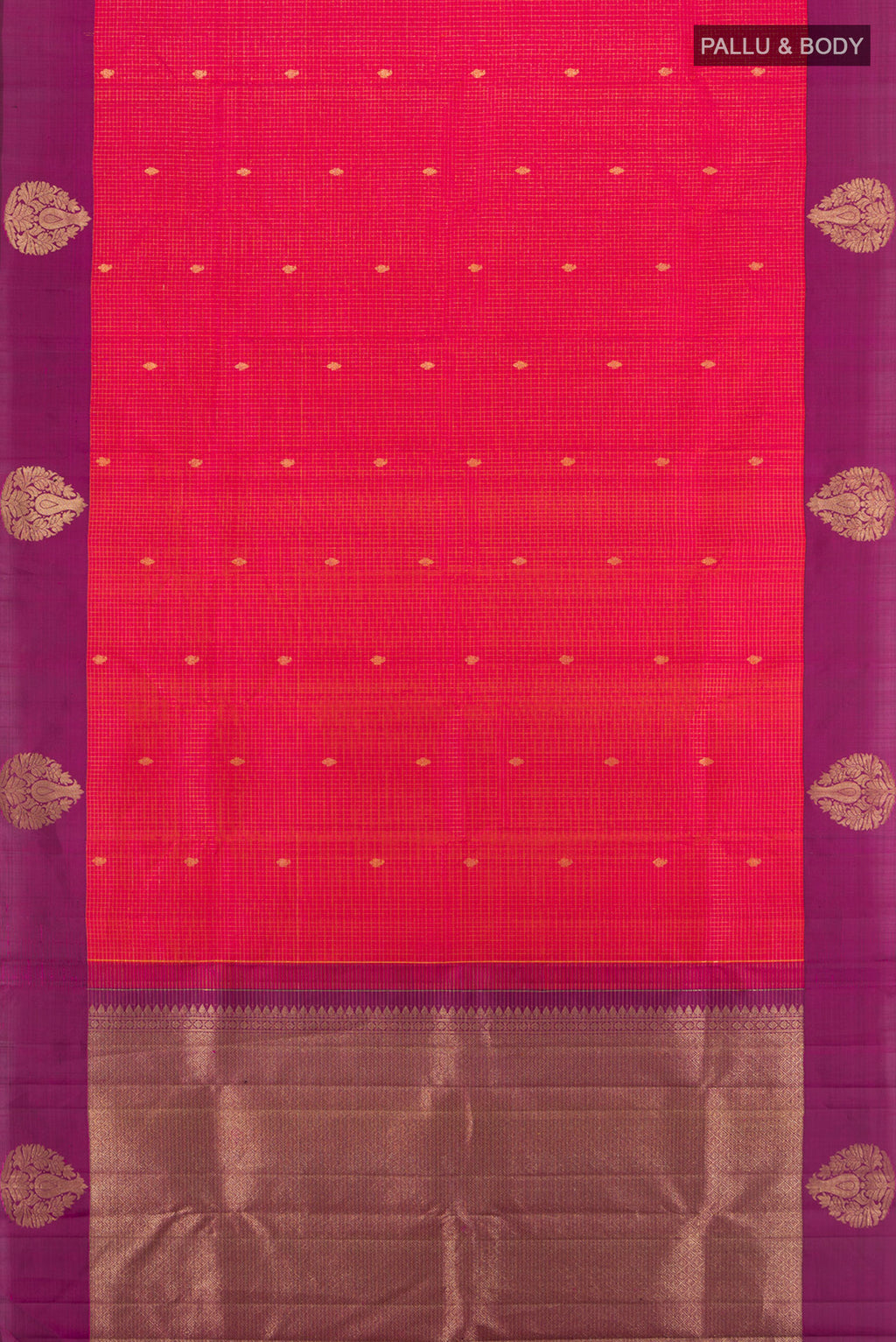 Flat view of Coral Dual Tone Kanjivaram Silk Saree with Checked design on the body and Plain Border. 