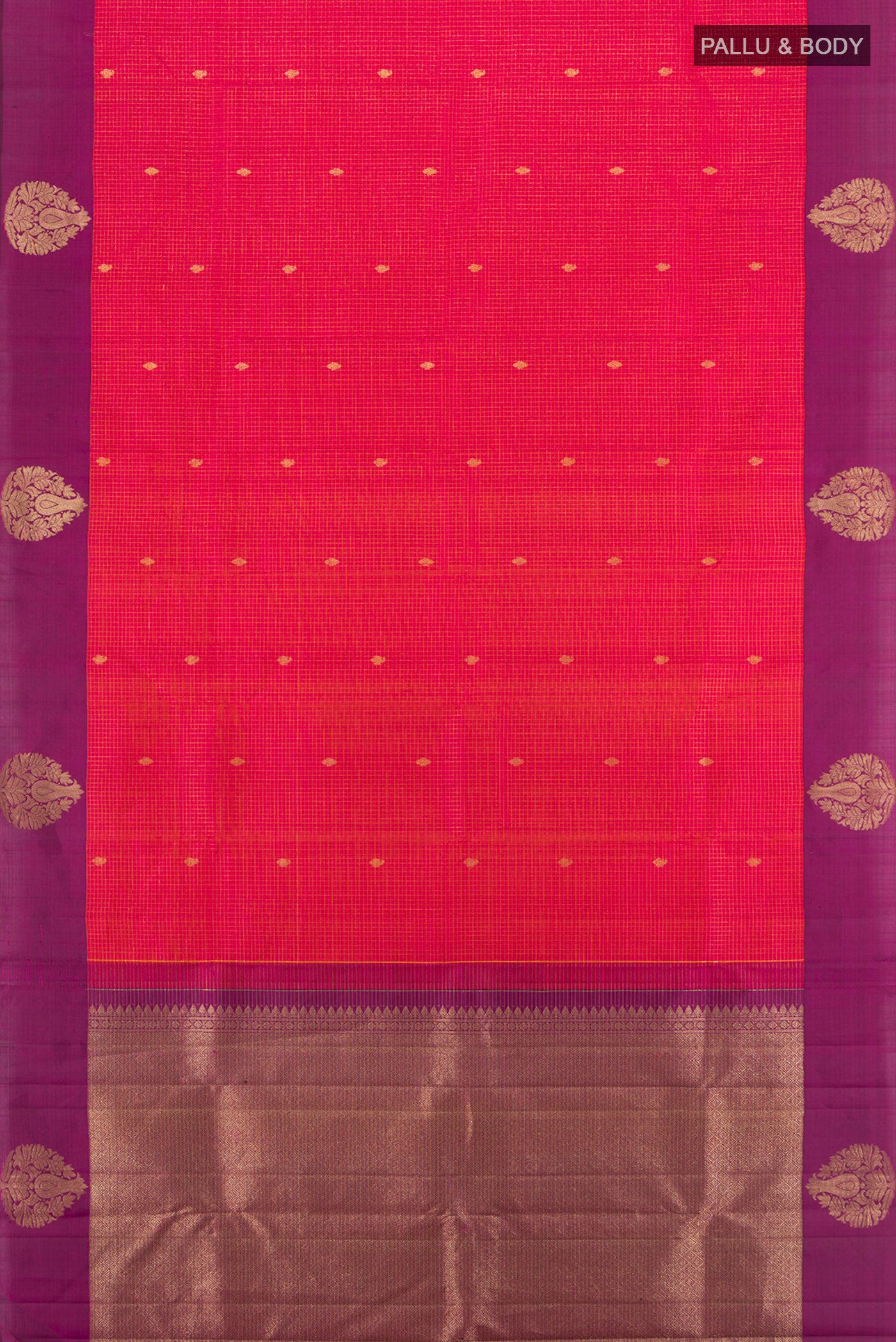 Flat view of Coral Dual Tone Kanjivaram Silk Saree with Checked design on the body and Plain Border. 
