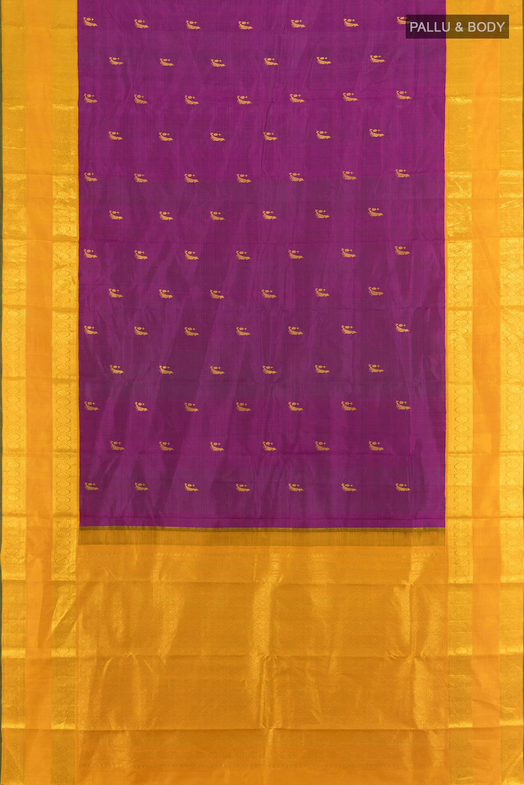 Flat view of Pure Silk Magenta Kanjivaram Saree with Zari Butta on the body and Zari Border. 