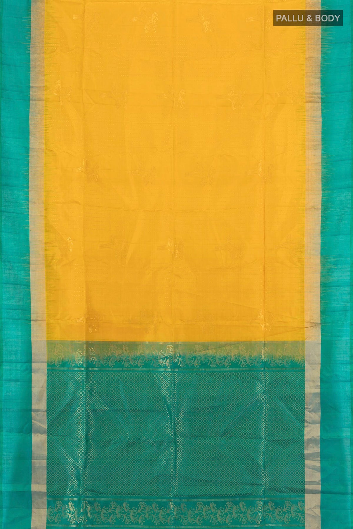 Flat view of Pure Silk Mustard Soft Saree with Zari Butta on the body and Plain Border. 