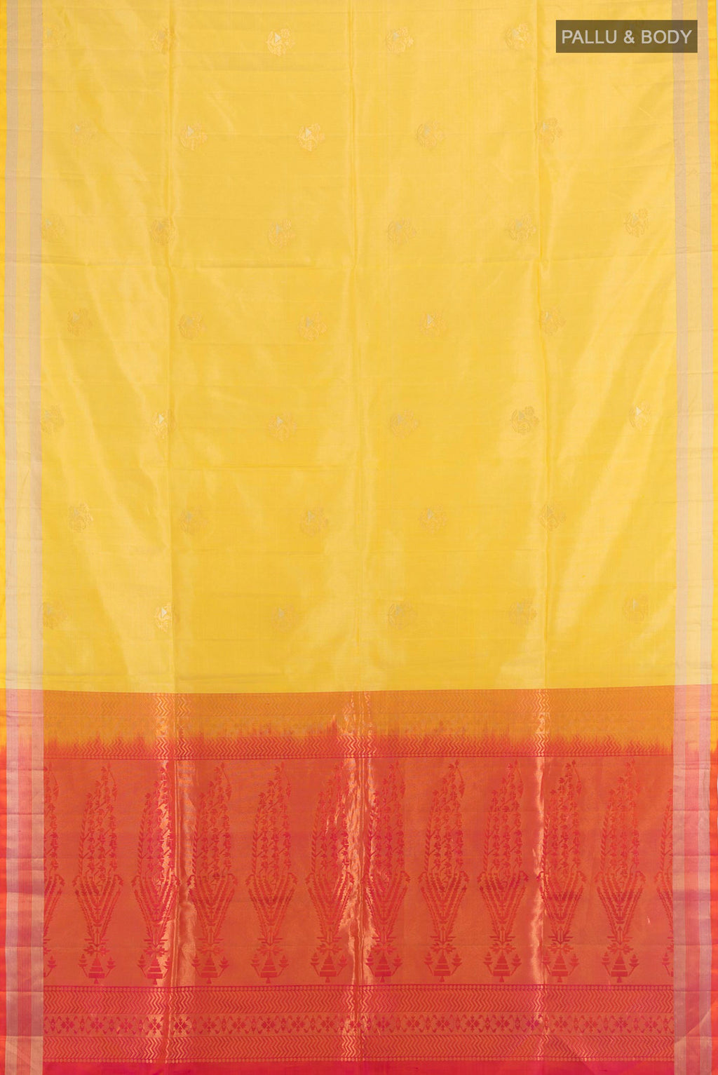 Flat view of Pure Silk Lemon Yellow Soft Saree with Zari Butta on the body and Zari Border. 