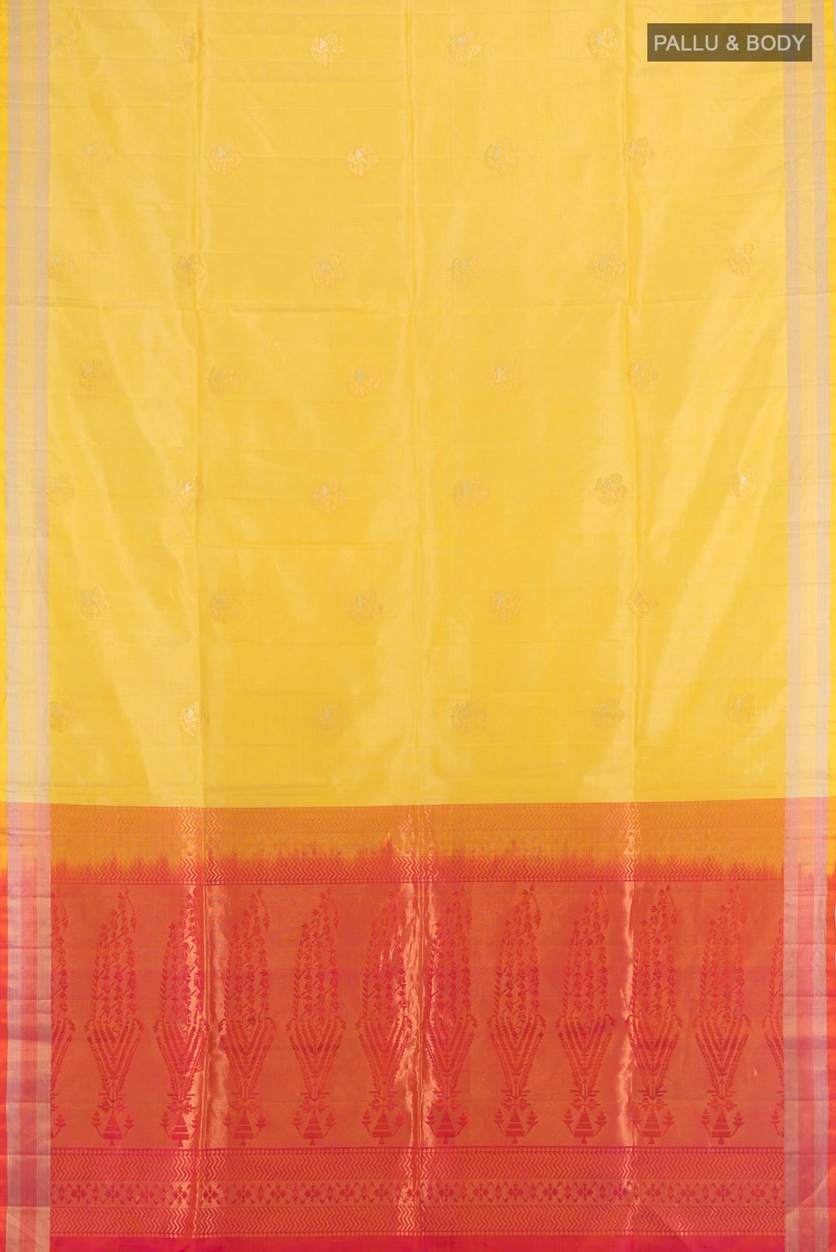 Flat view of Pure Silk Lemon Yellow Soft Saree with Zari Butta on the body and Zari Border. 