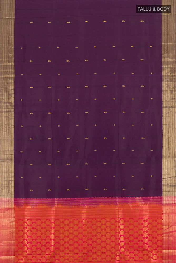 Flat view of Violet Soft Silk Saree with Zari Butta on the body and Silk Border. 