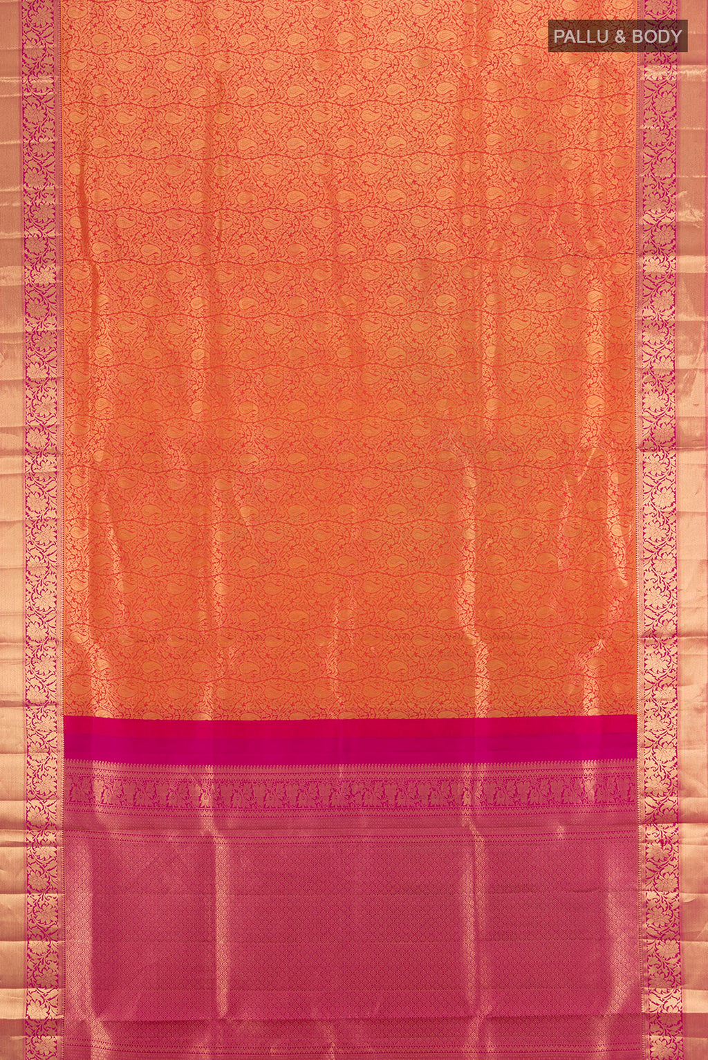 Flat view of Brick Orange Soft Silk Saree with Zari Brocade on the body and Zari Border. 