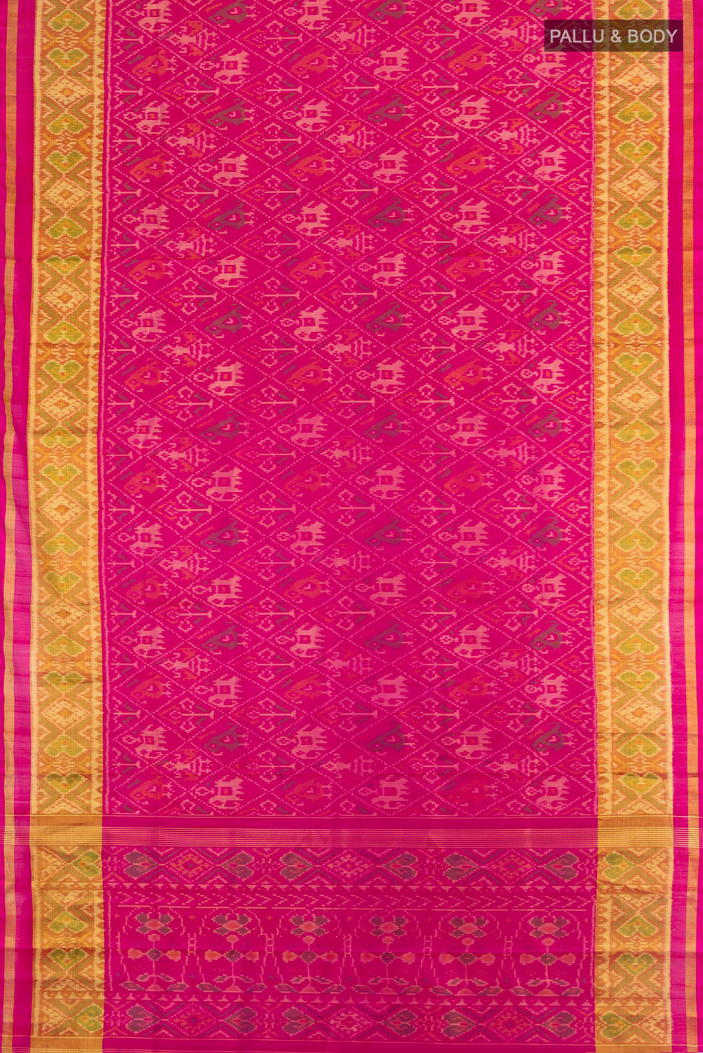 Flat view of Pink Rajkot Patola Silk Saree with Pure Ikat on the body and Ikat Border. 