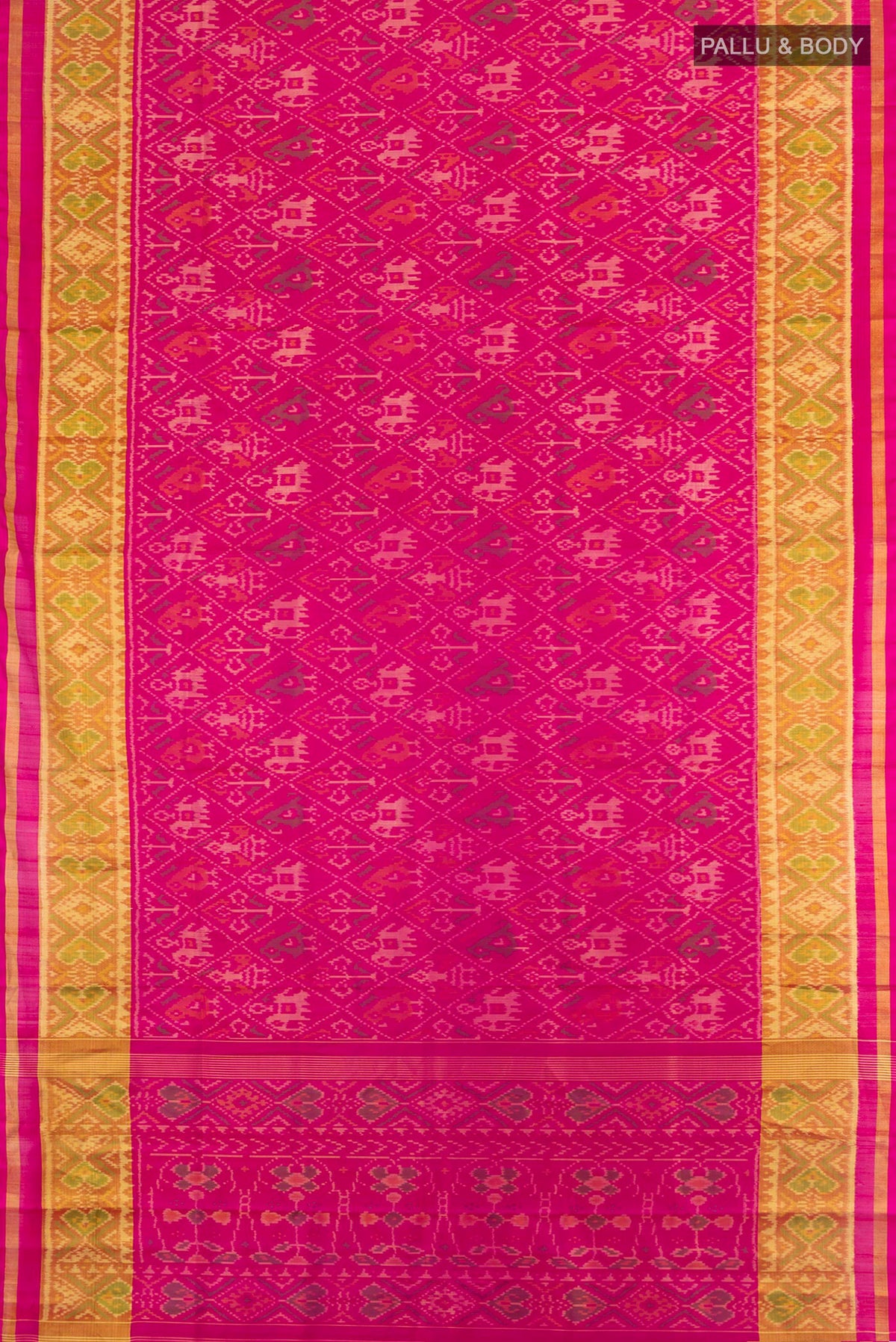 Flat view of Pink Rajkot Patola Silk Saree with Pure Ikat on the body and Ikat Border. 
