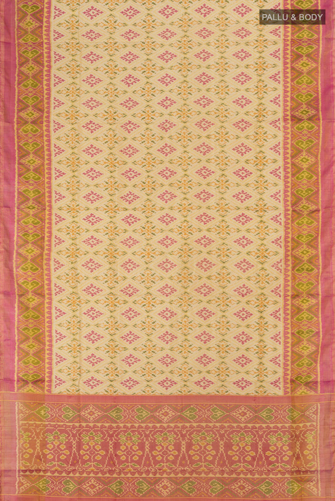 Flat view of Multi Color Rajkot Patola Silk Saree with Ikat Print on the body and Silk Border. 