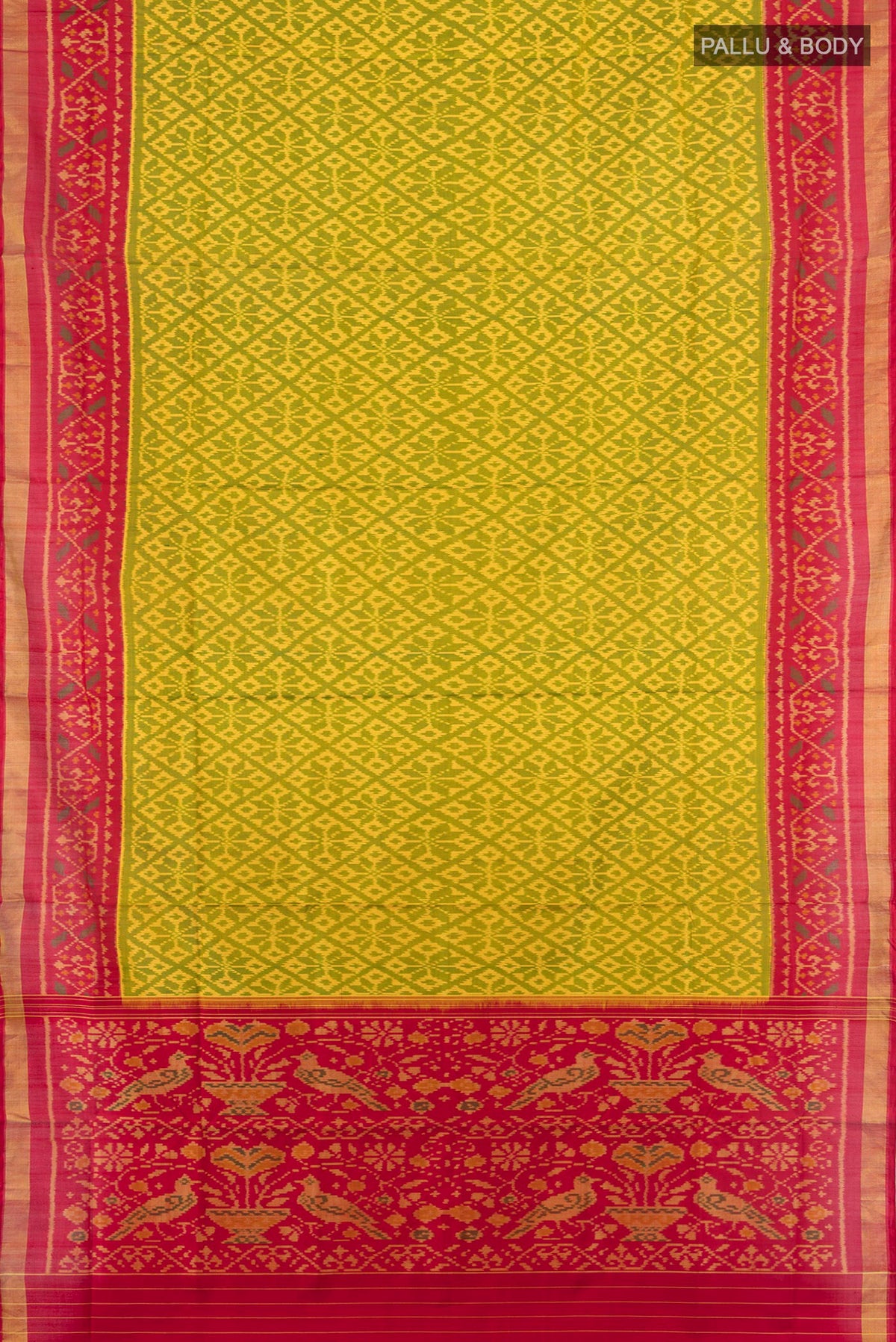 Flat view of Pure Silk Green Rajkot Patola Saree with Pure Ikat on the body and Ikat Border. 
