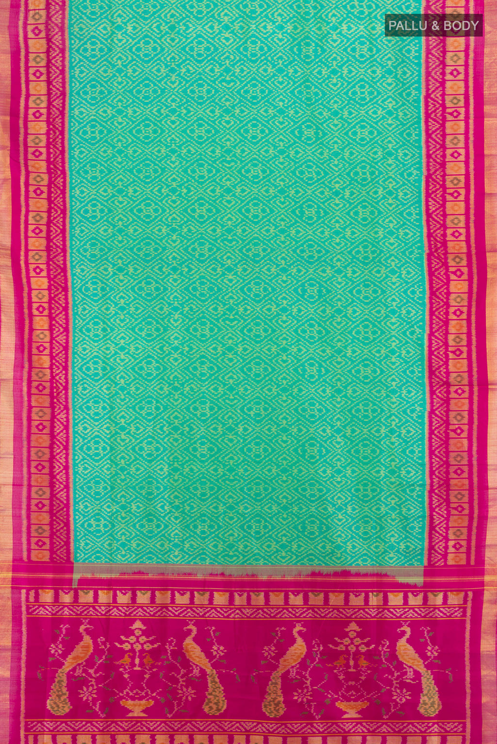 Flat view of Sea Green Rajkot Patola Silk Saree with Pure Ikat on the body and Ikat Border. 