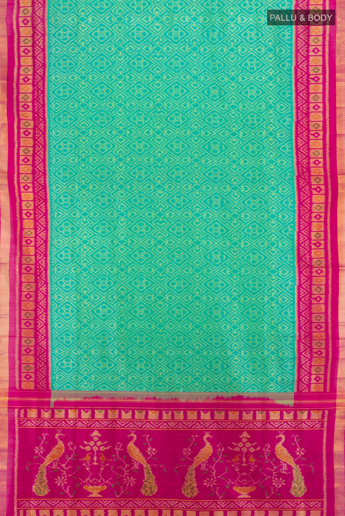 Flat view of Sea Green Rajkot Patola Silk Saree with Pure Ikat on the body and Ikat Border. 