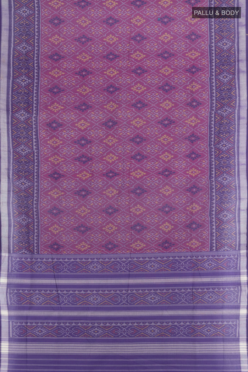 Flat view of Purple Rajkot Patola Silk Saree with Ikat design on the body and Ikat Border. 