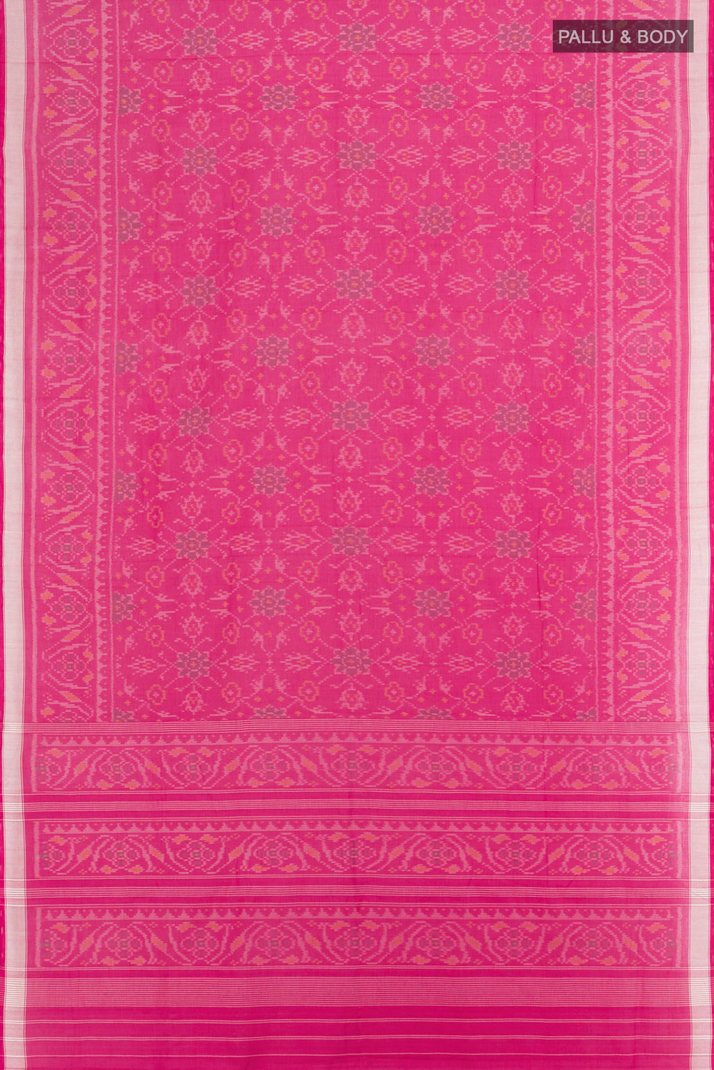 Flat view of Rani Pink Rajkot Patola Silk Saree with Ikat design on the body and Zari Border. 