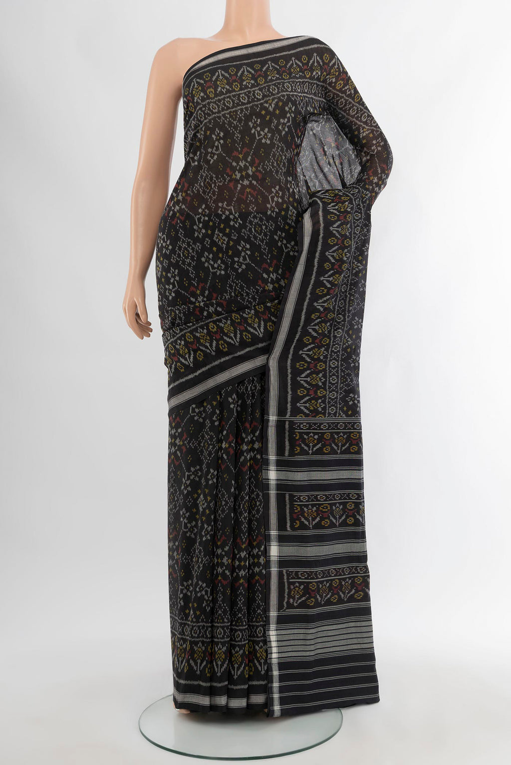 Black Pochampally Cotton Saree with Ikat design on the body and Thread Border.  displayed on a mannequin