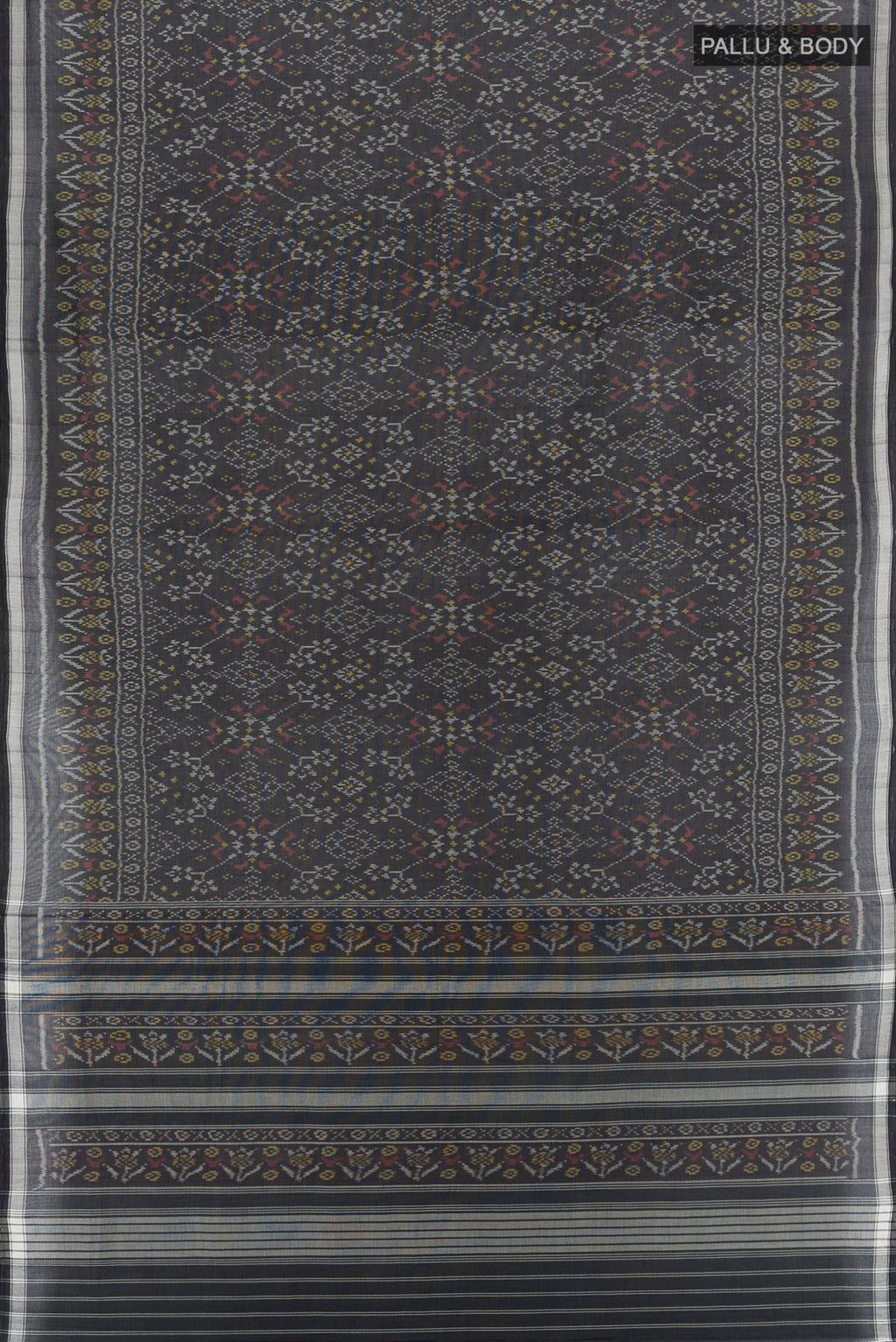 Flat view of Black Pochampally Cotton Saree with Ikat design on the body and Thread Border. 