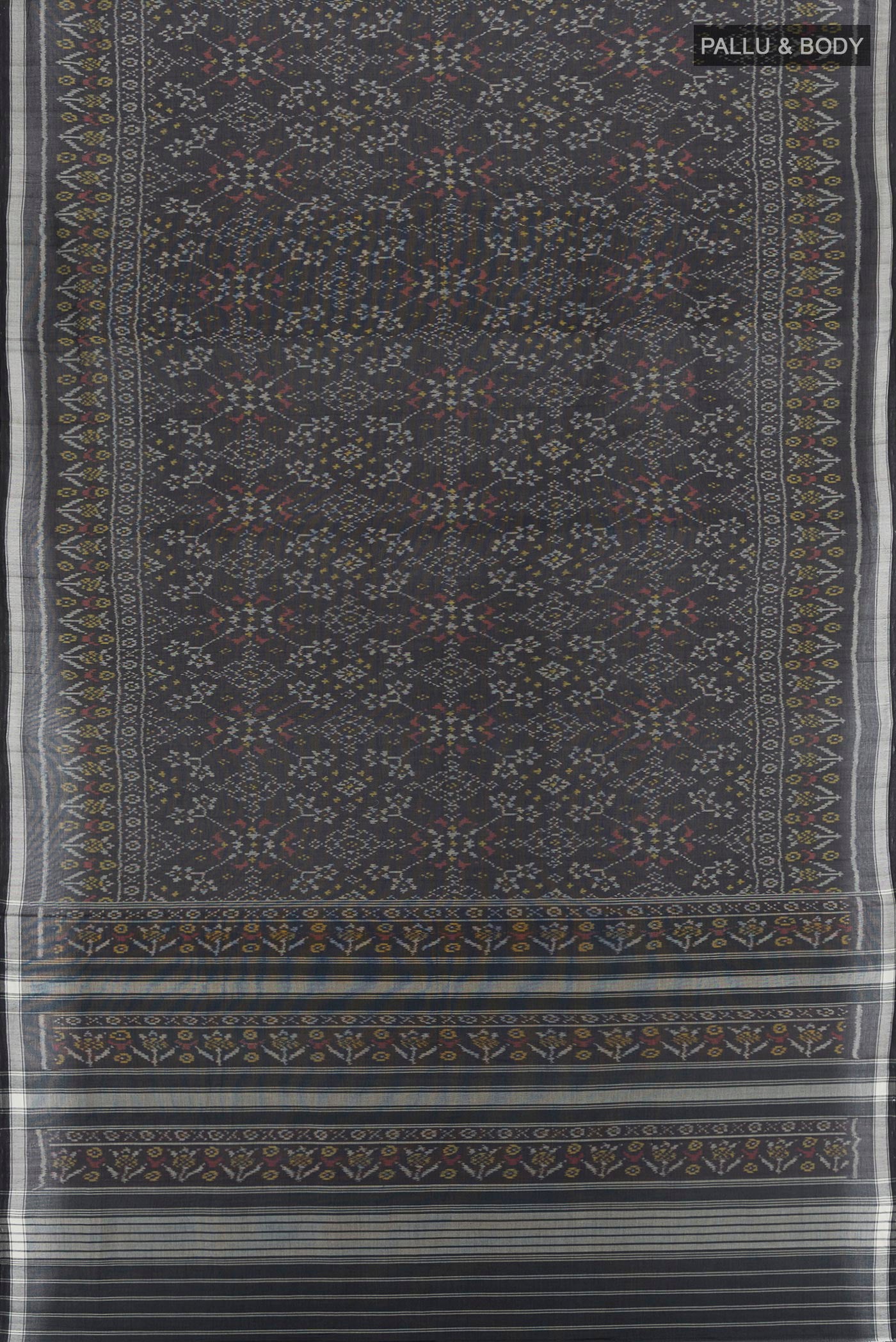 Flat view of Black Pochampally Cotton Saree with Ikat design on the body and Thread Border. 