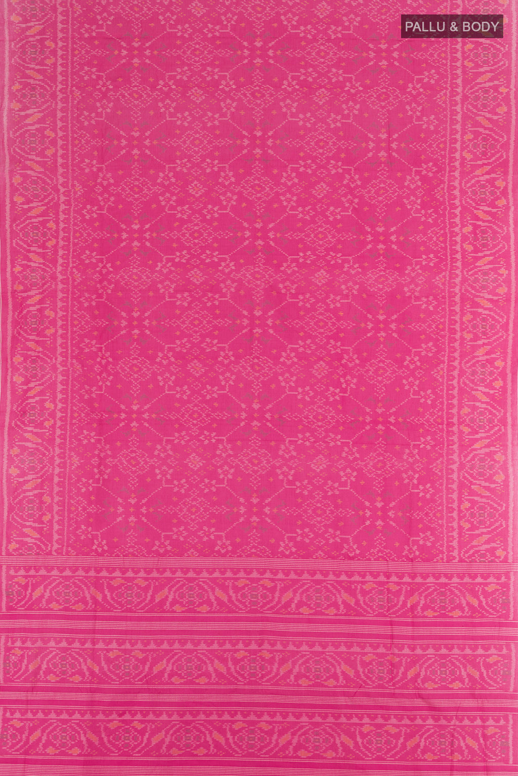 Flat view of Pink Pochampally Cotton Saree with Ikat design on the body and Ikat Border. 