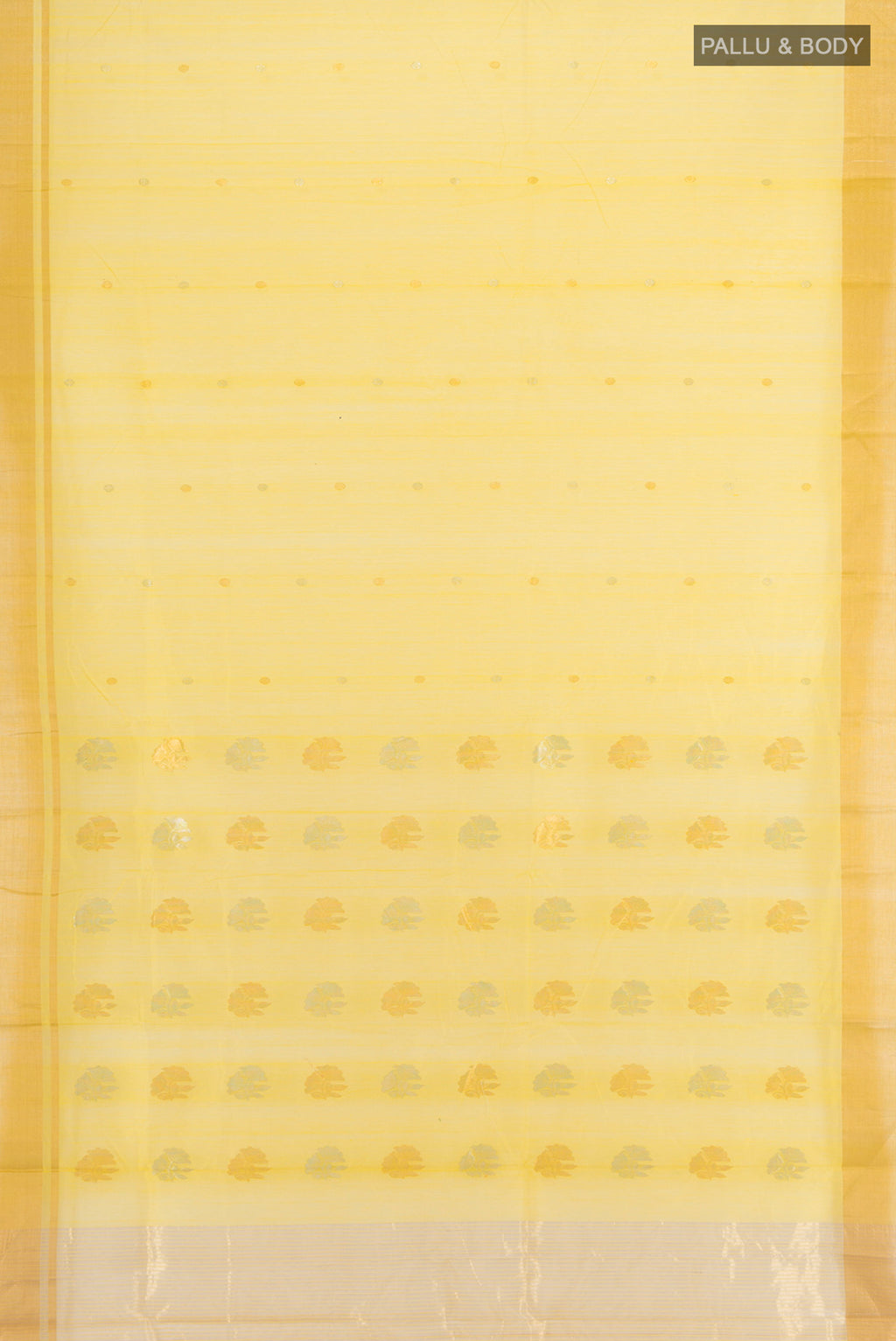 Flat view of Yellow Chanderi Silk Cotton Saree with Zari Butta on the body and Zari Border. 