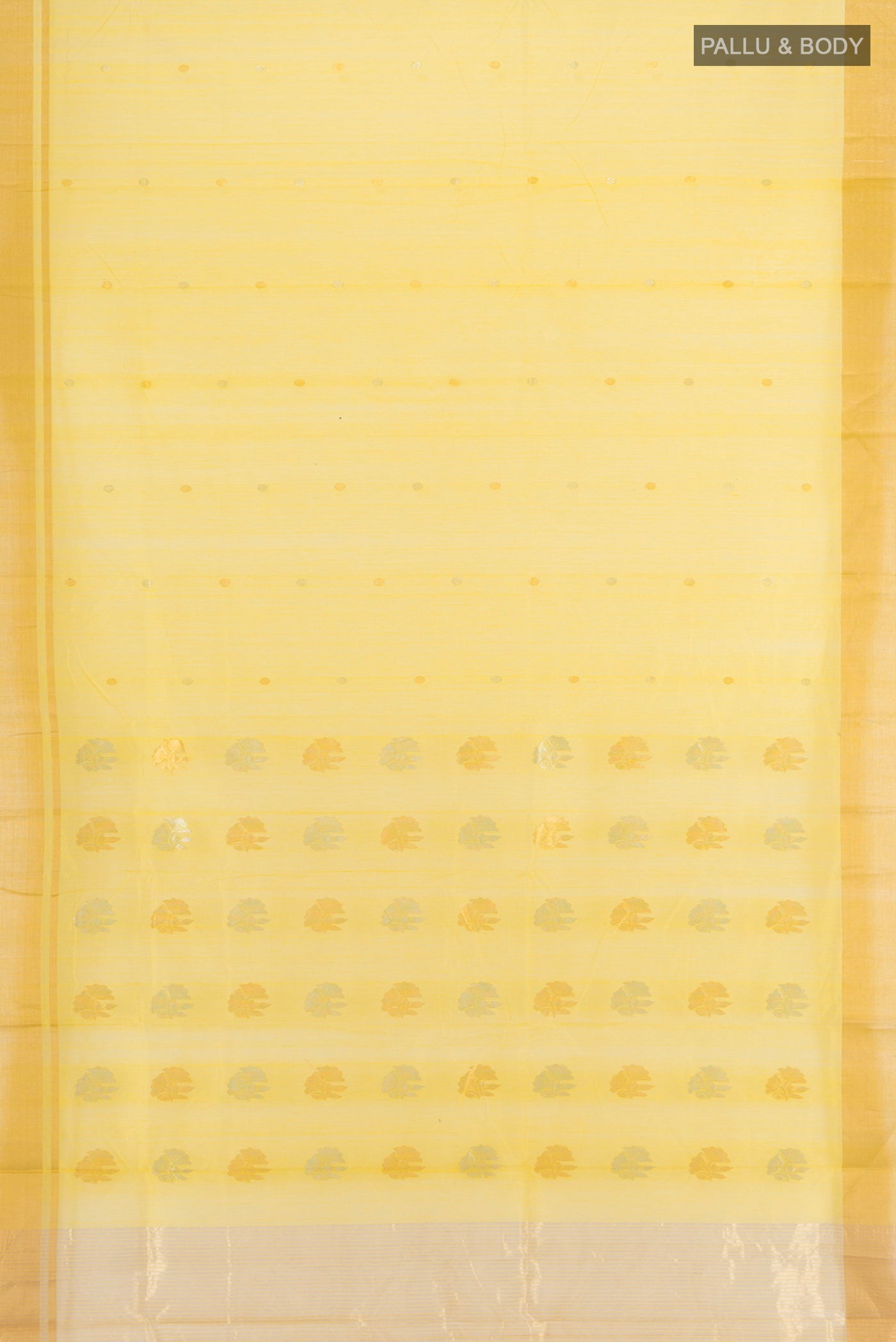 Flat view of Yellow Chanderi Silk Cotton Saree with Zari Butta on the body and Zari Border. 